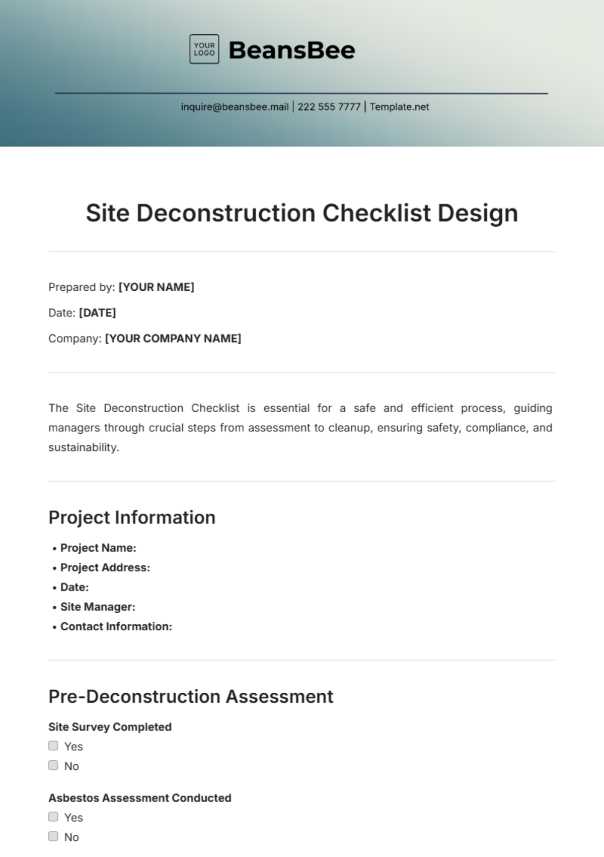 Site Deconstruction Checklist Design Template | Template.net