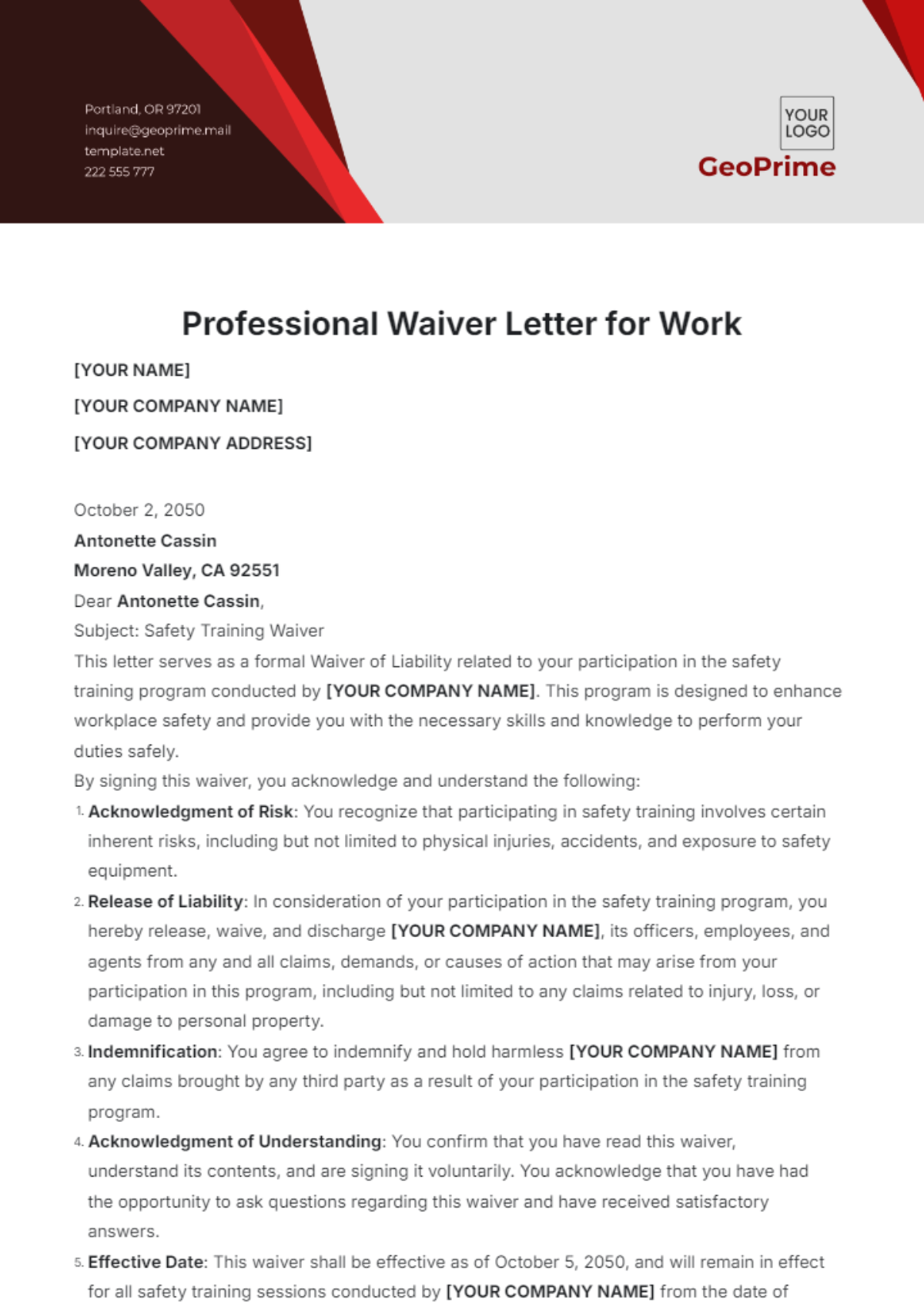 Professional Waiver Letter for Work Template - Edit Online & Download