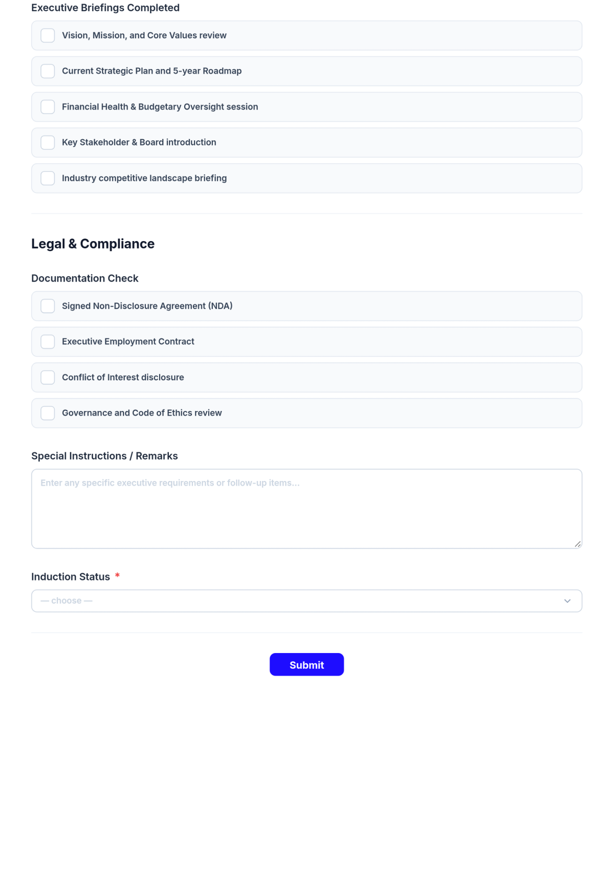 Free Corporate Executive Induction Checklist Template & AI Maker