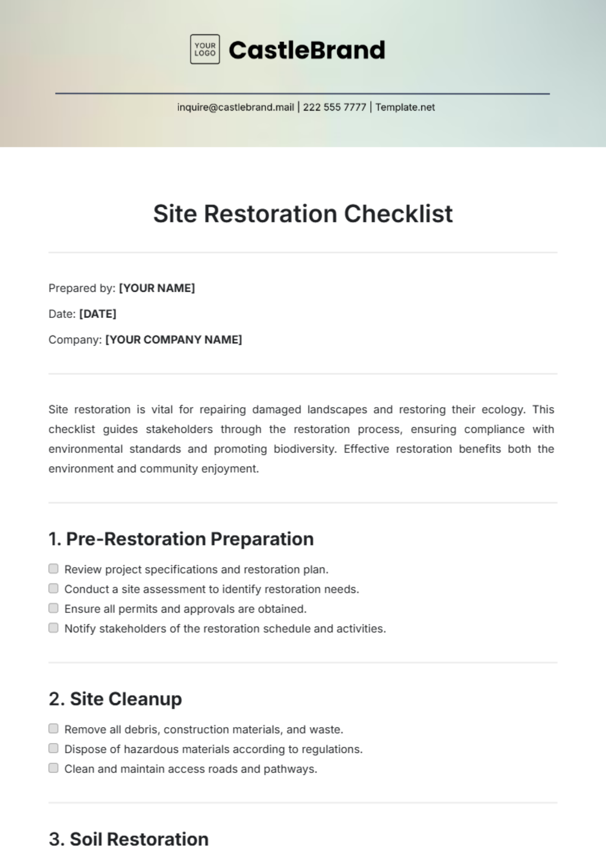 Site Restoration Checklist Template