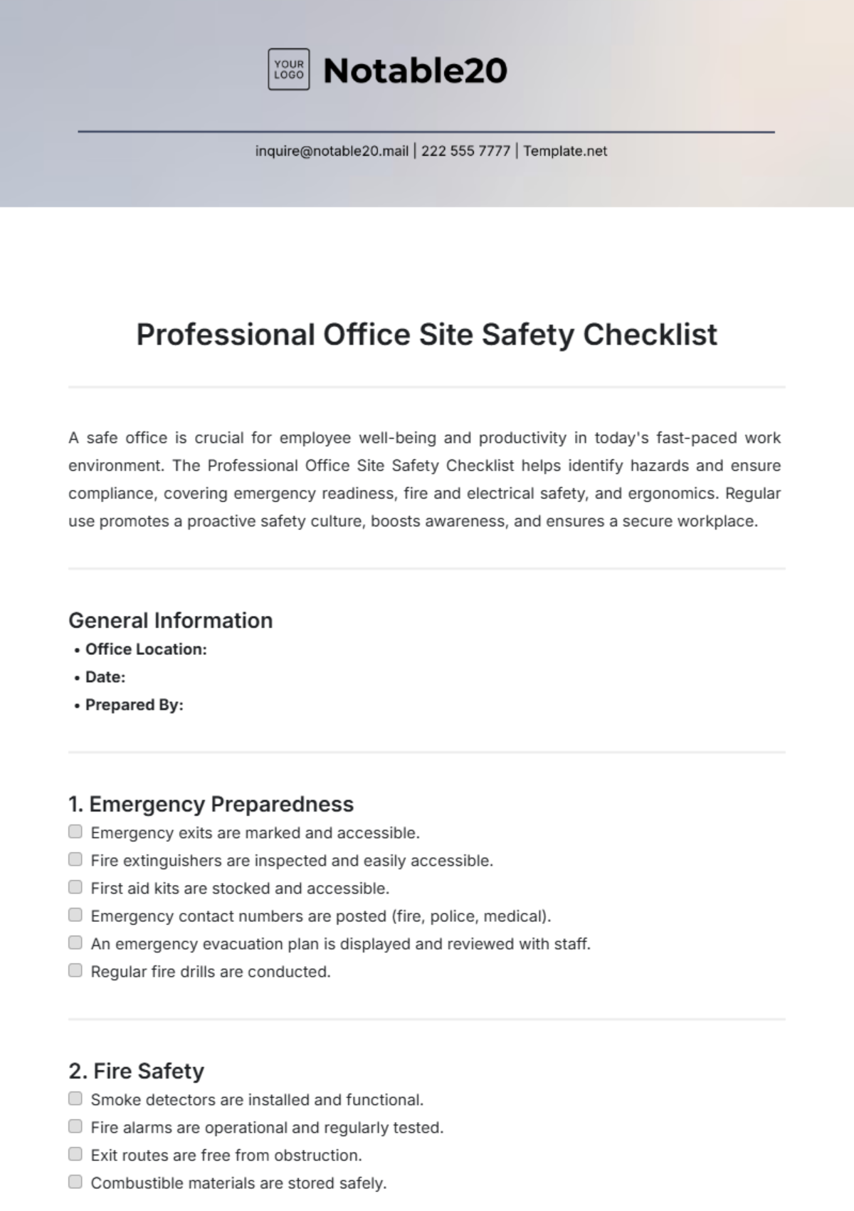 Professional Office Site Safety Checklist Template - Edit Online & Download