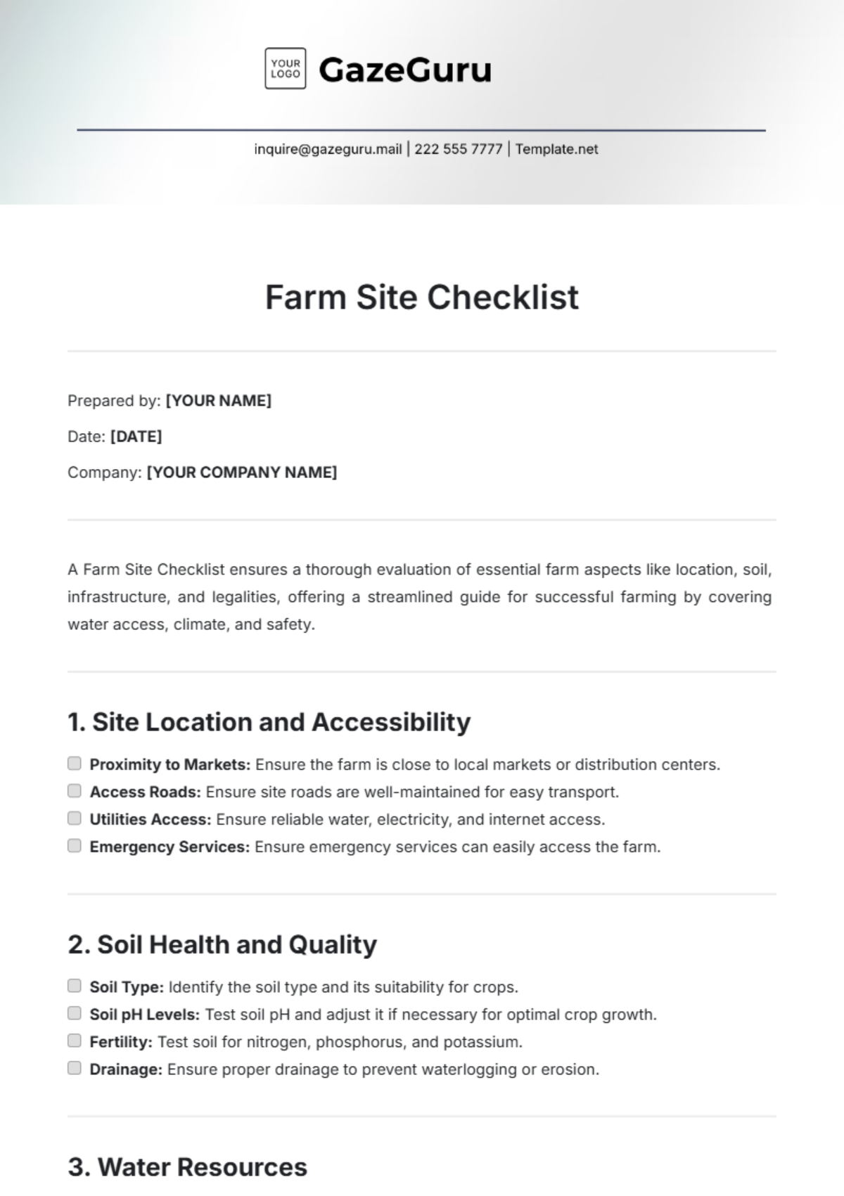 Farm Site Checklist Template