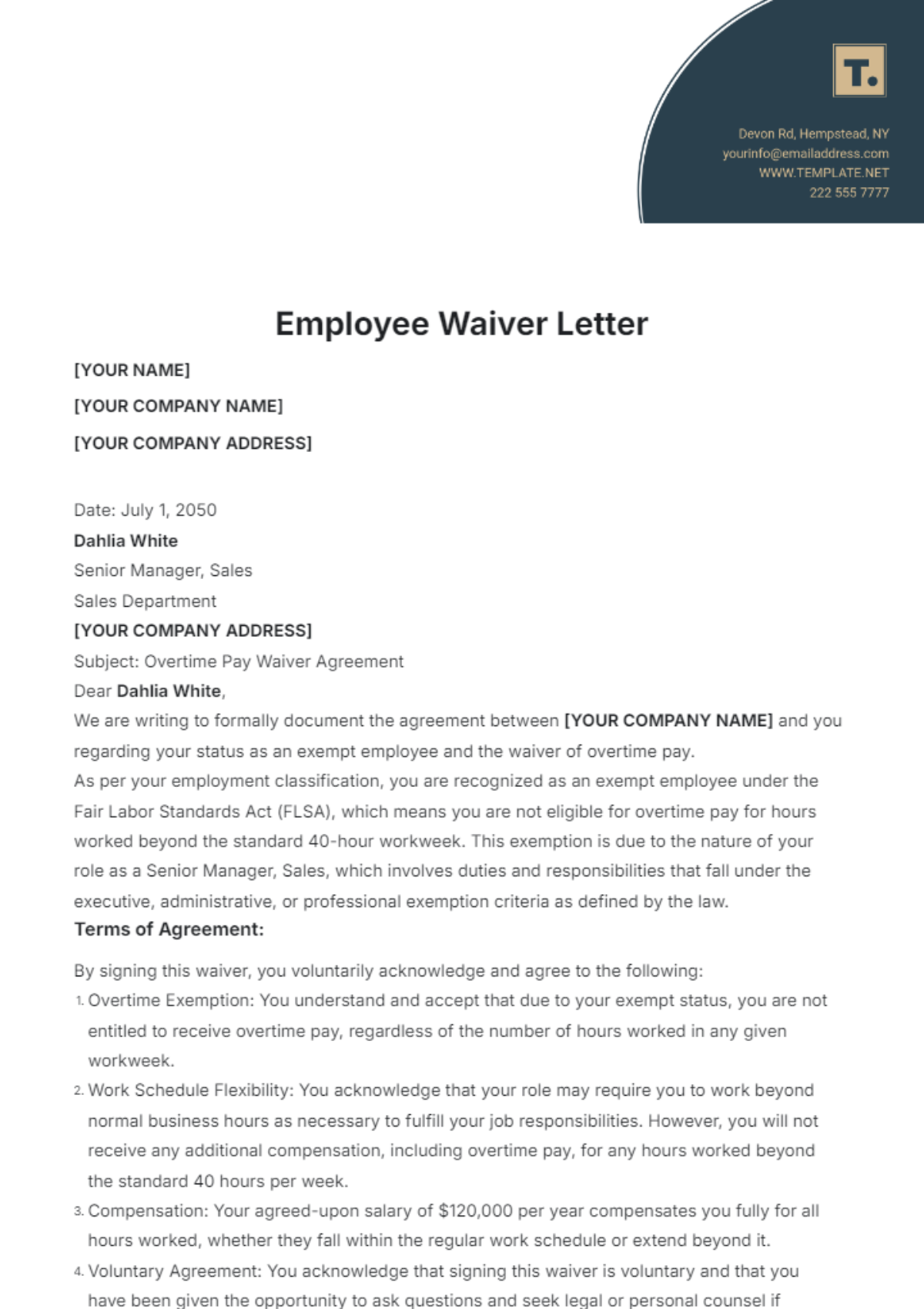 Employee Waiver Letter Template - Edit Online & Download