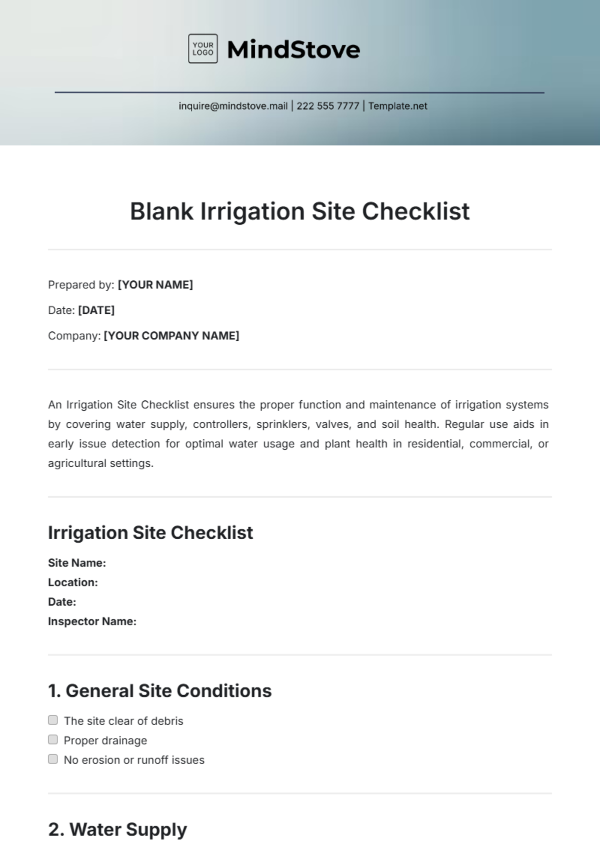 Blank Irrigation Site Checklist Template - Edit Online & Download