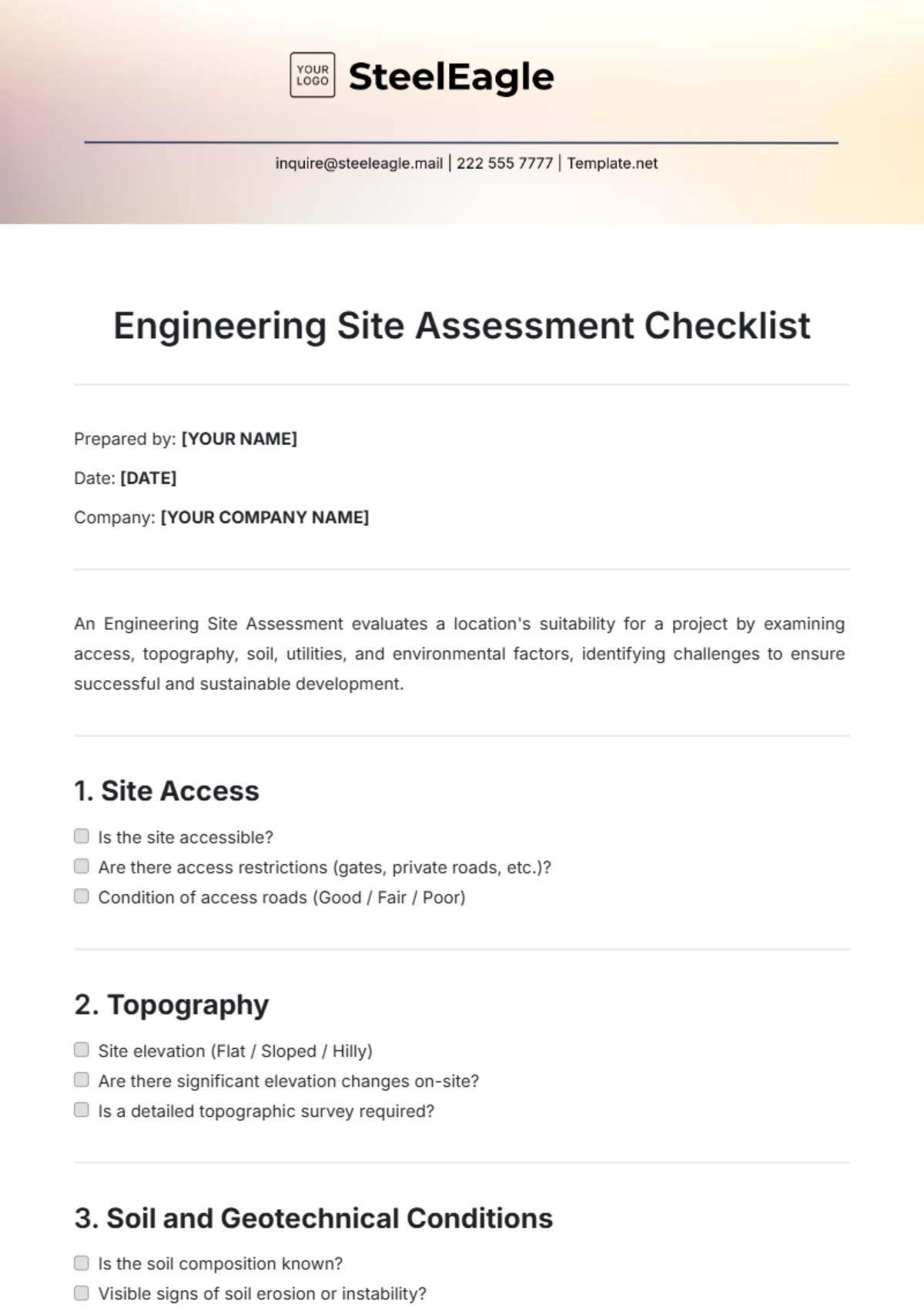 Engineering Site Assessment Checklist Template - Edit Online & Download