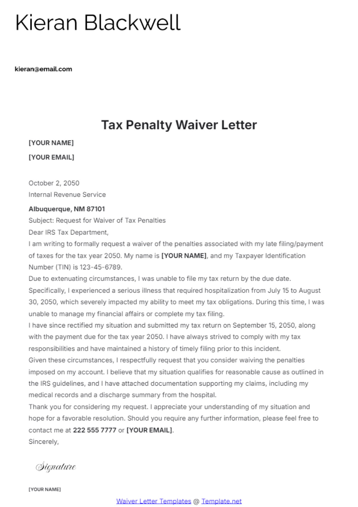 Tax Penalty Waiver Letter Template - Edit Online & Download