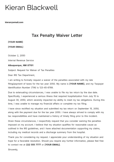Free Tax Penalty Waiver Letter Template to Edit Online