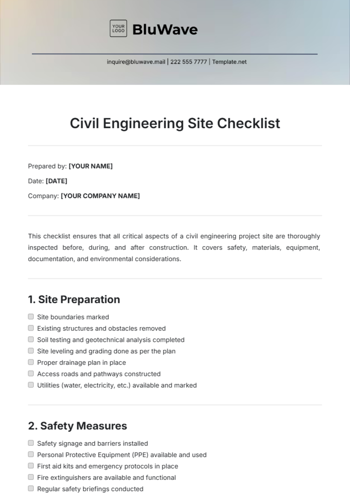 Civil Engineering Site Checklist Template