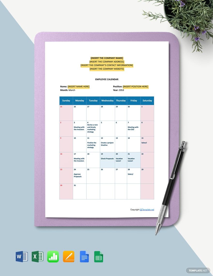 Employee Calendar Template