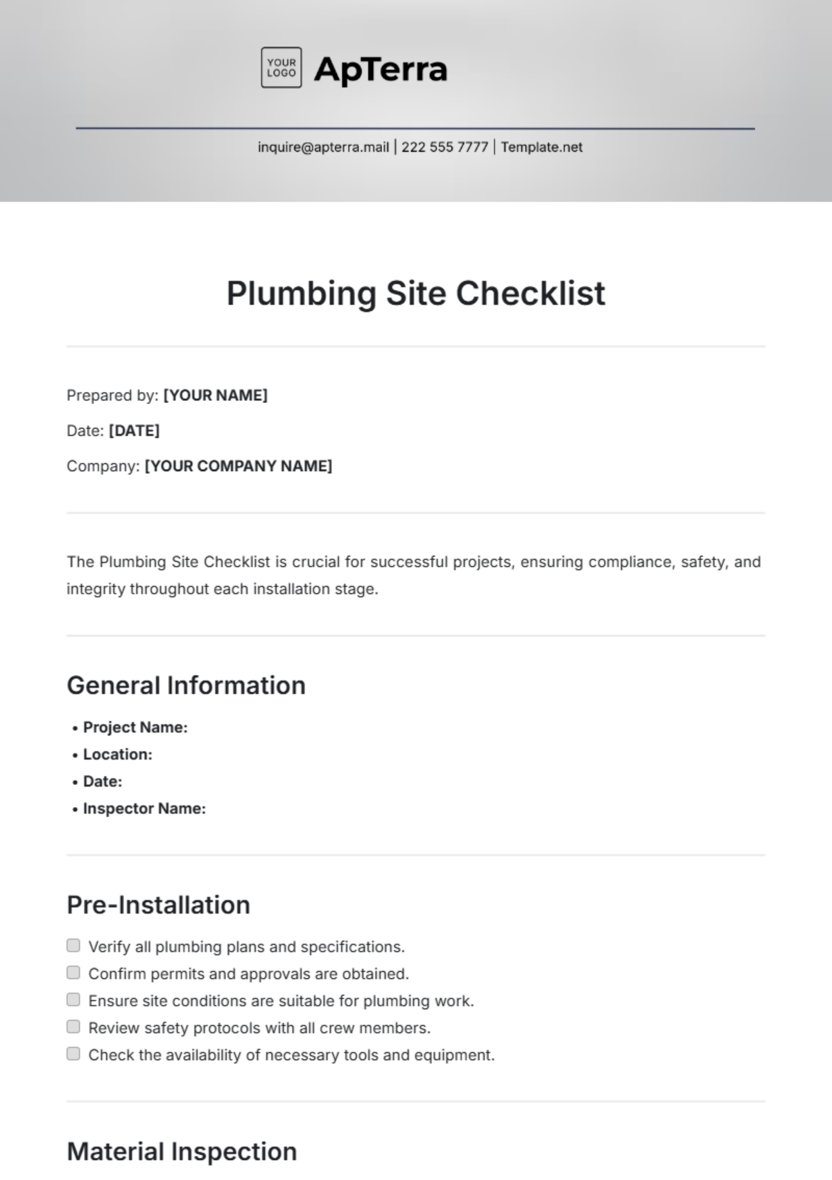 Plumbing Site Checklist Template - Edit Online & Download