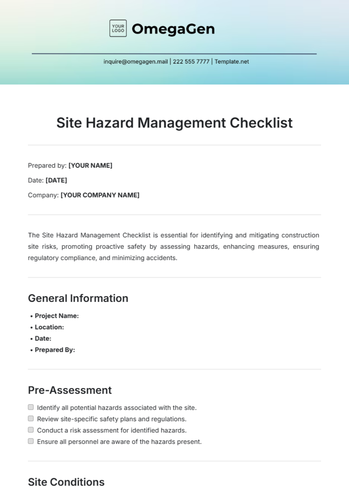 Site Hazard Management Checklist Template - Edit Online & Download