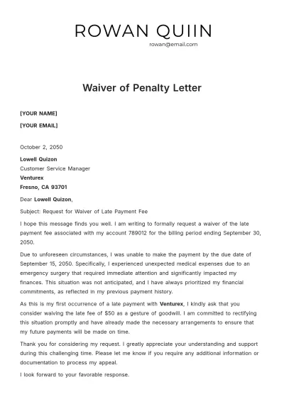 Free Waiver of Penalty Letter Template to Edit Online