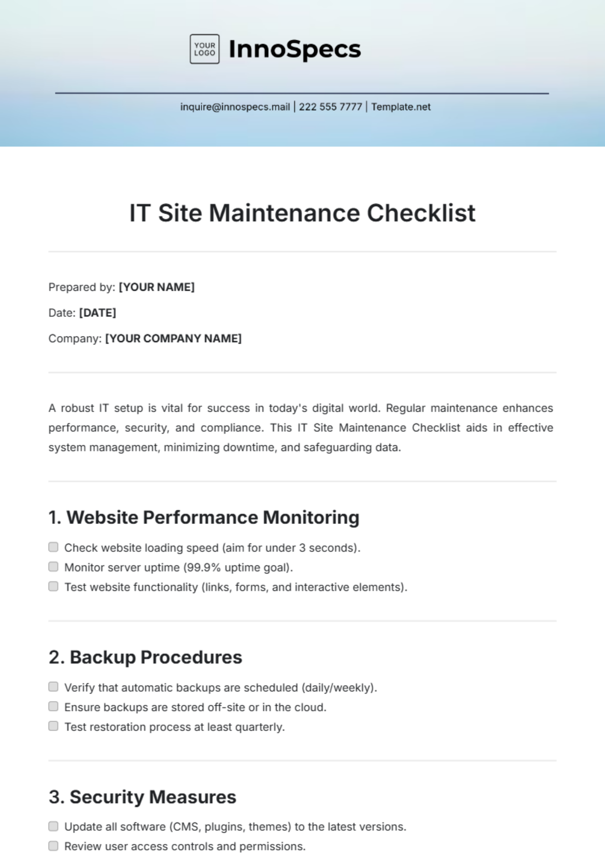 IT Site Maintenance Checklist Template - Edit Online & Download