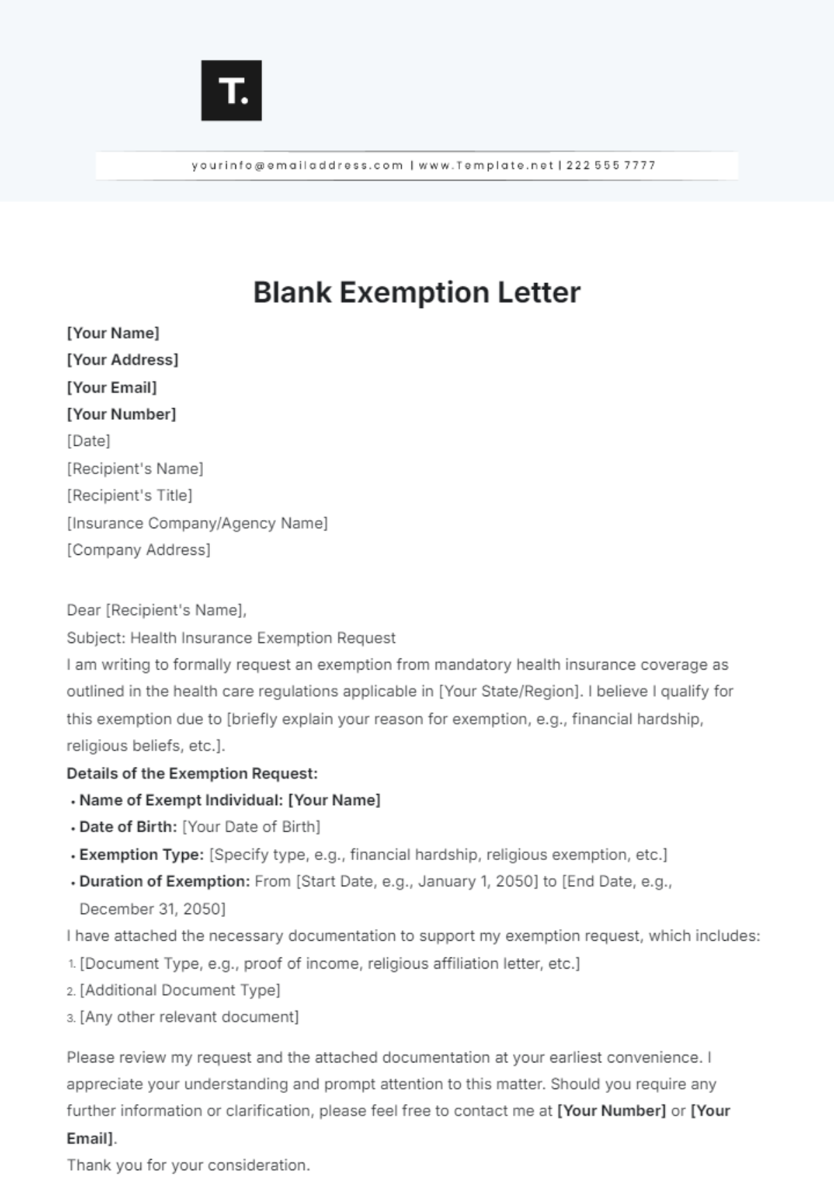 Blank Exemption Letter Template