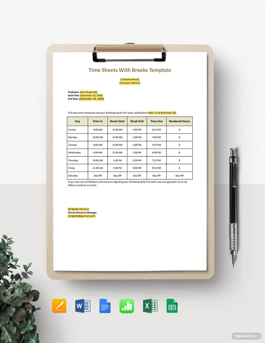 Time Sheet with Breaks Template