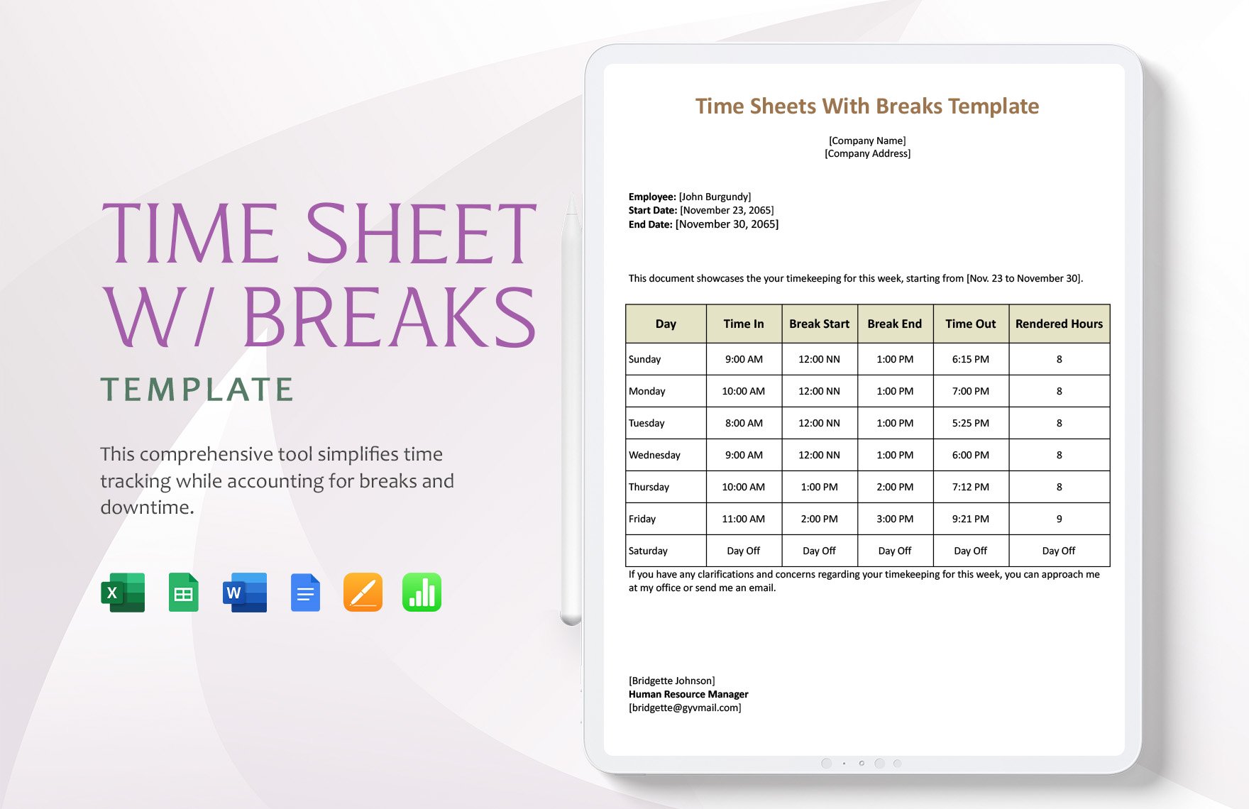 Time Sheet with Breaks Template in Word, Google Docs, Excel, Google Sheets, Apple Pages, Apple Numbers