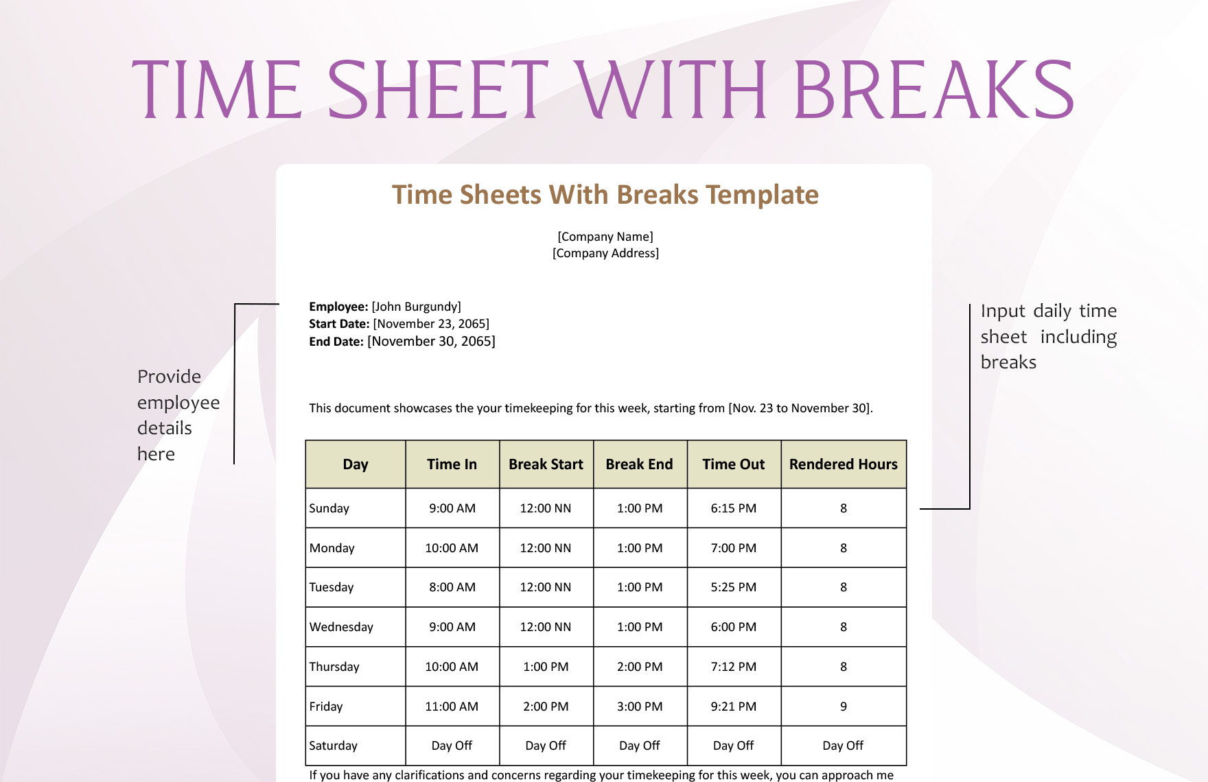 Time Sheet with Breaks Template