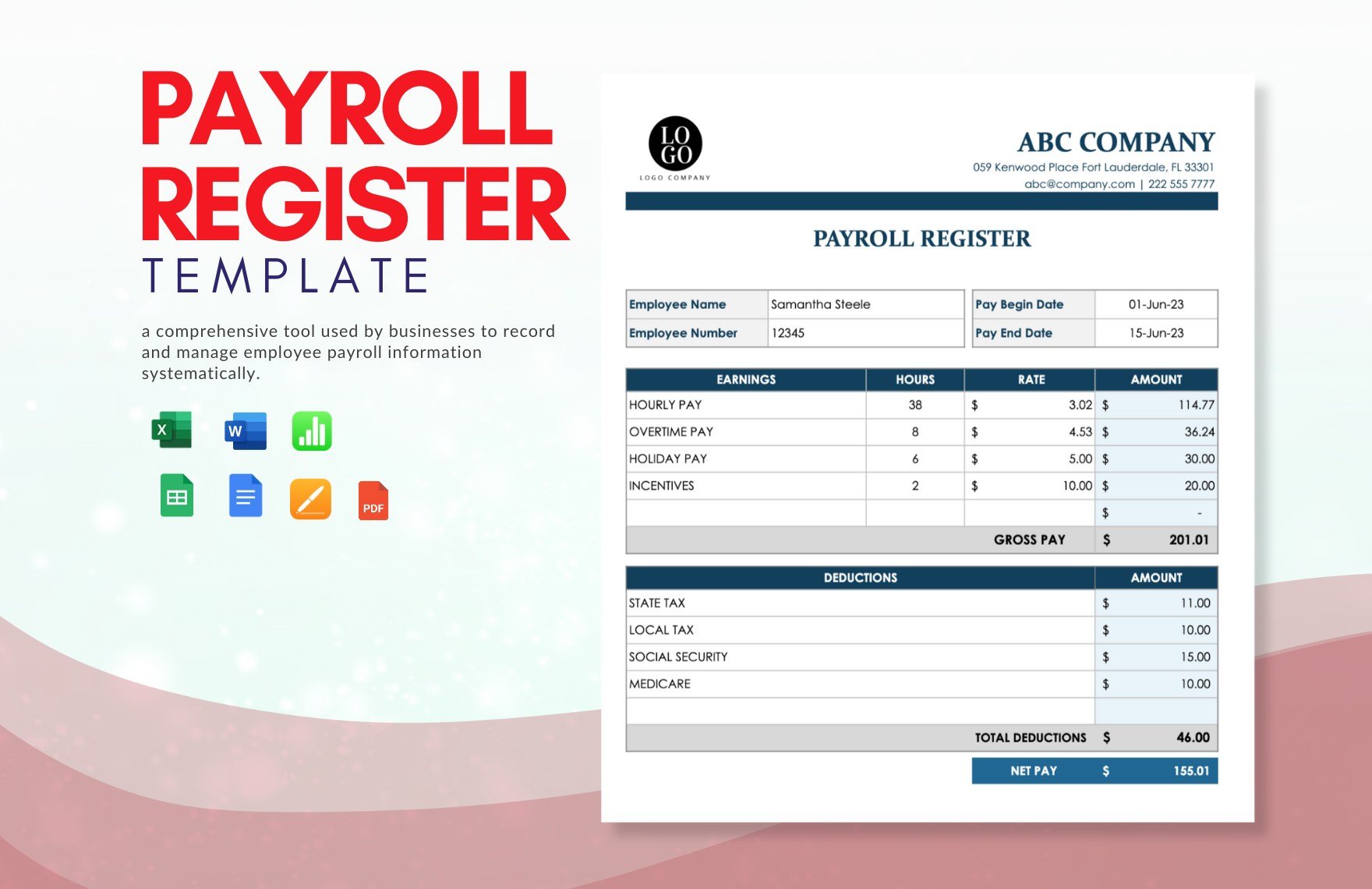 Payroll Register Template in Word, Google Docs, Excel, PDF, Google Sheets, Apple Pages, Apple Numbers