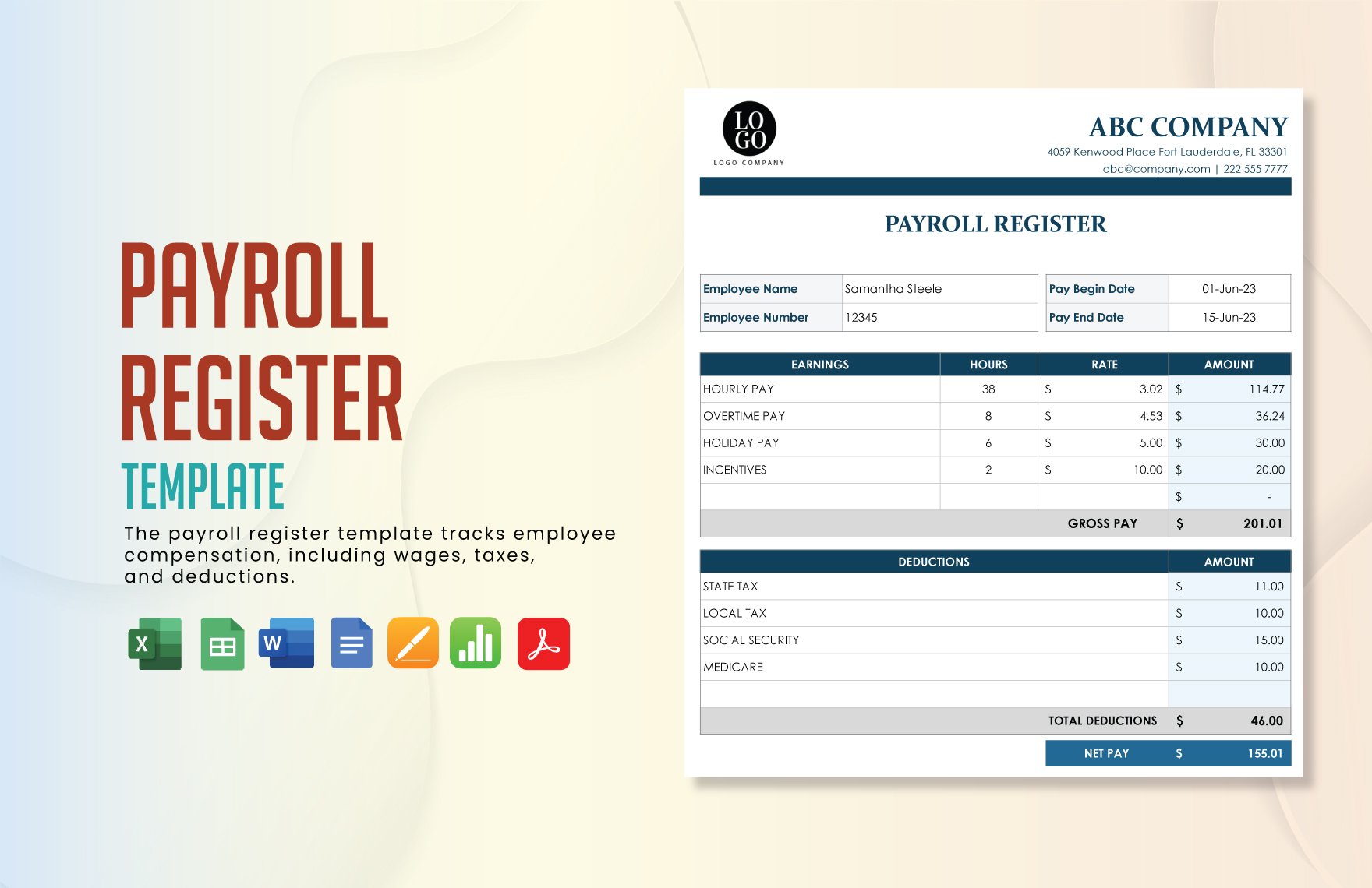 Payroll Register Template in Word, Google Docs, Excel, PDF, Google Sheets, Apple Pages, Apple Numbers