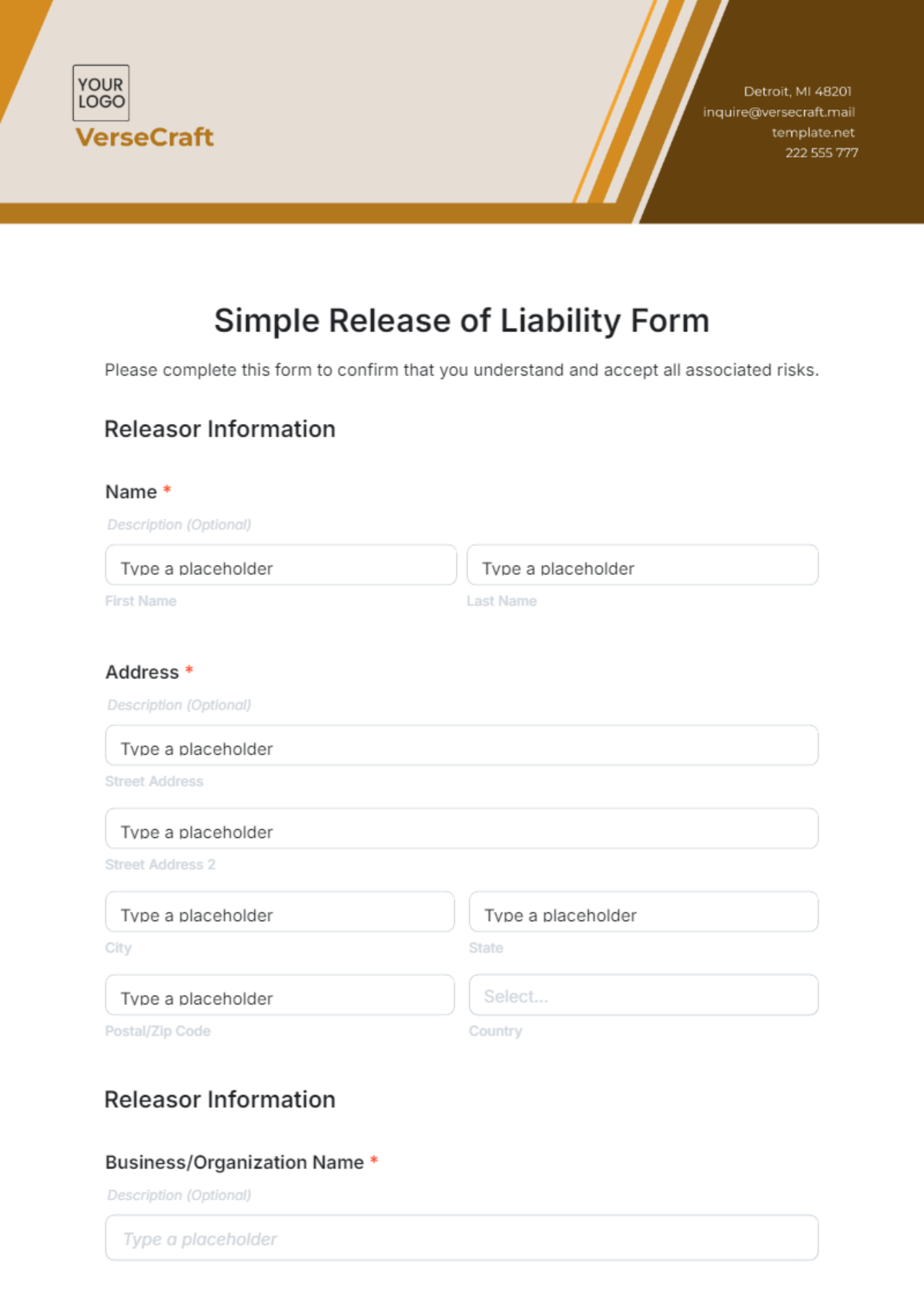 Simple Release of Liability Form Template