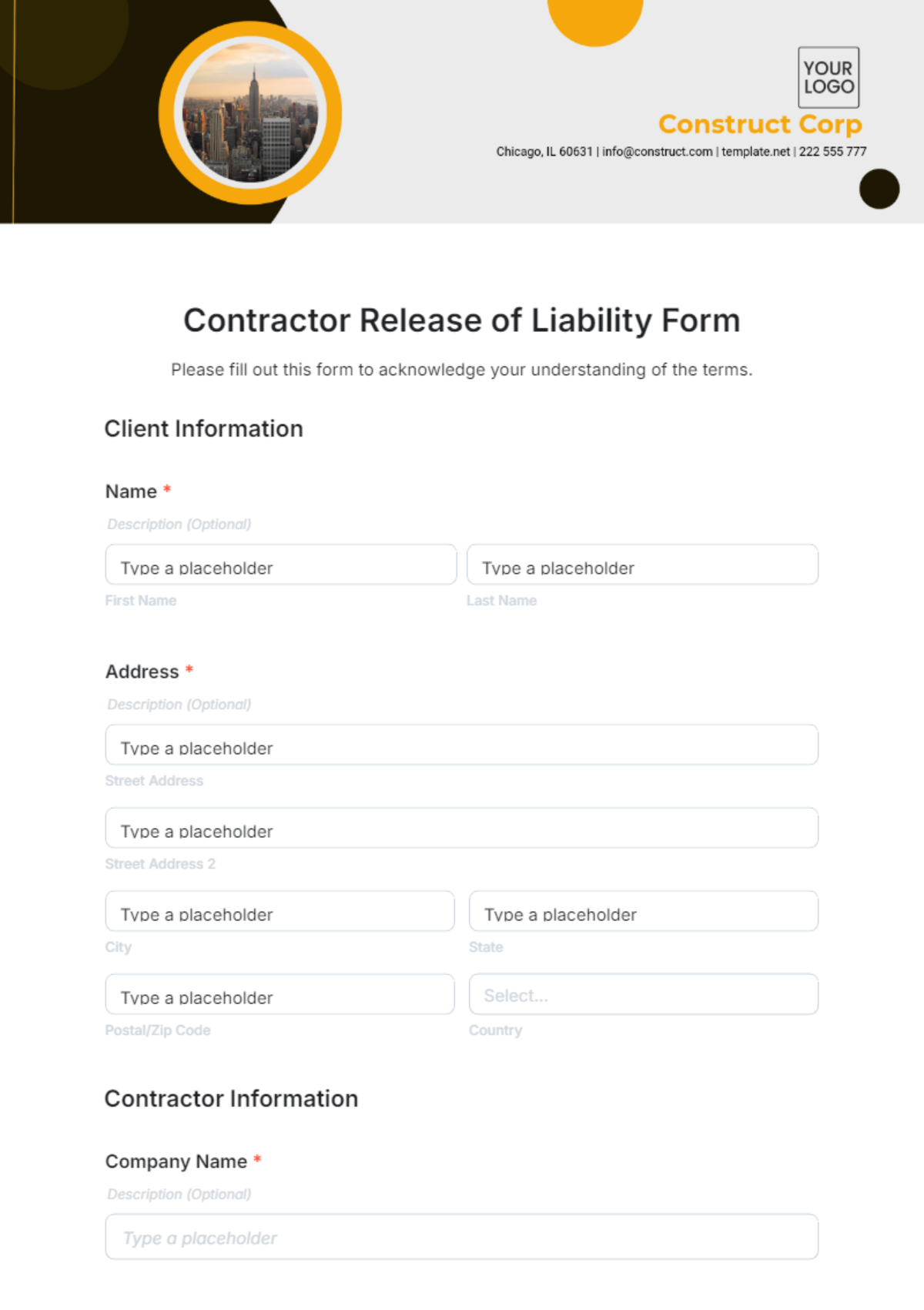 Contractor Release of Liability Form Template