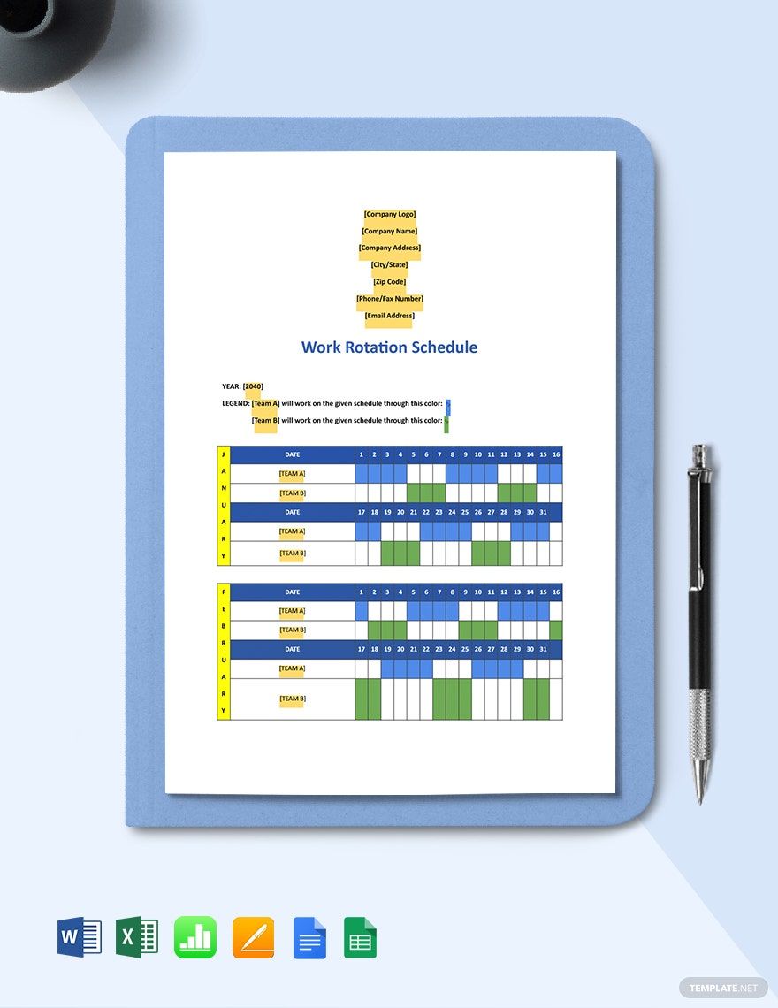 Work Rotation Schedule Template in GDocsLink, MS Excel, Numbers, Pages