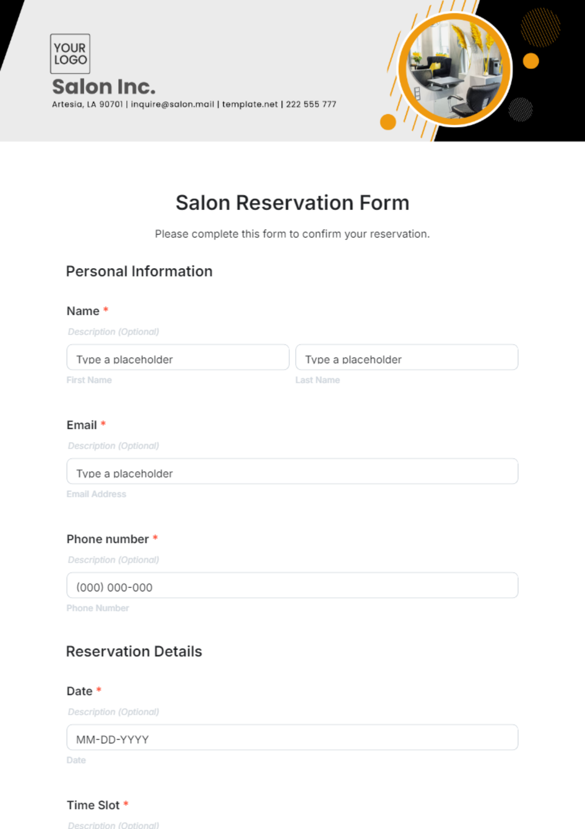 Salon Reservation Form Template - Edit Online & Download