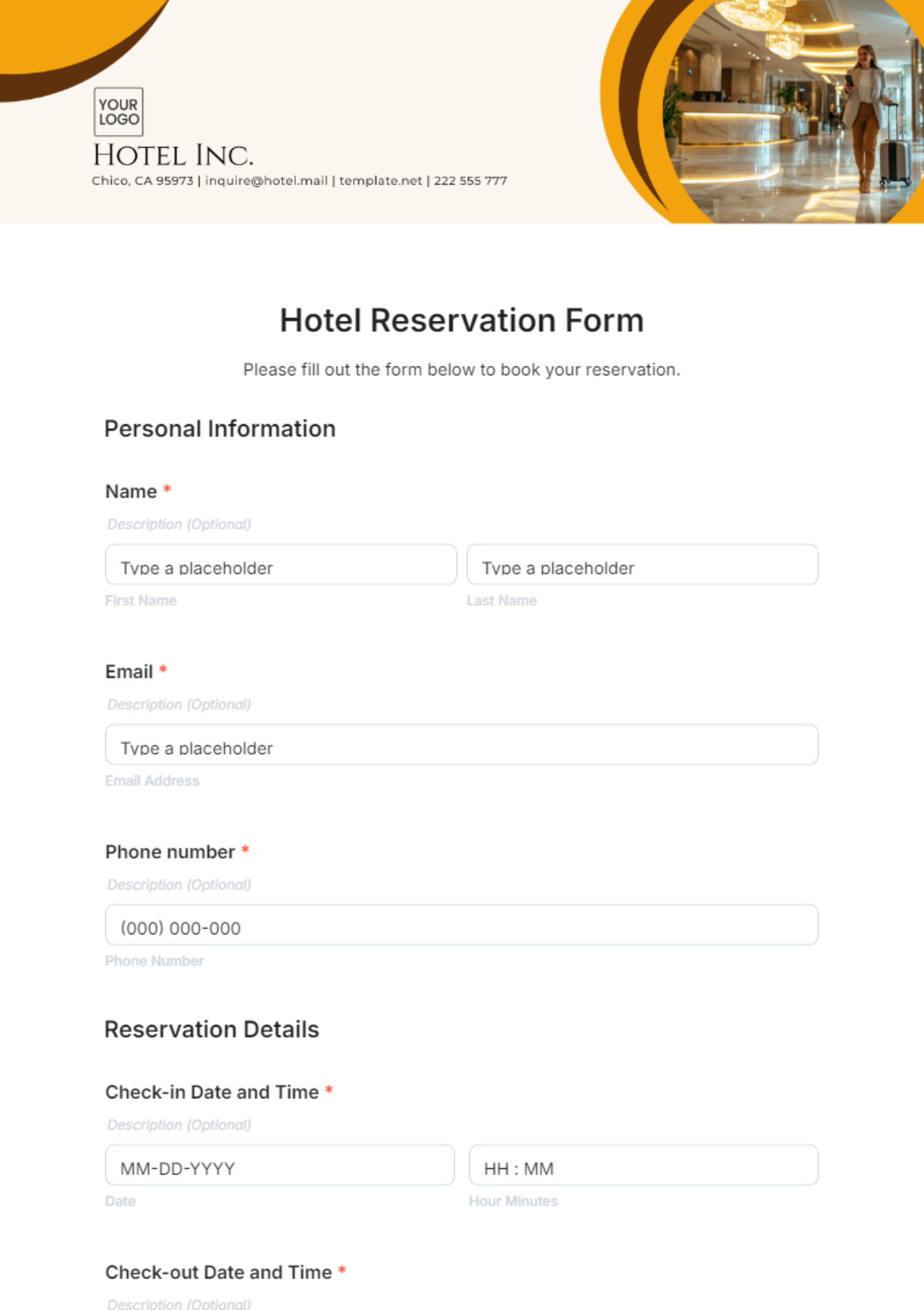 Hotel Reservation Form Template - Edit Online & Download