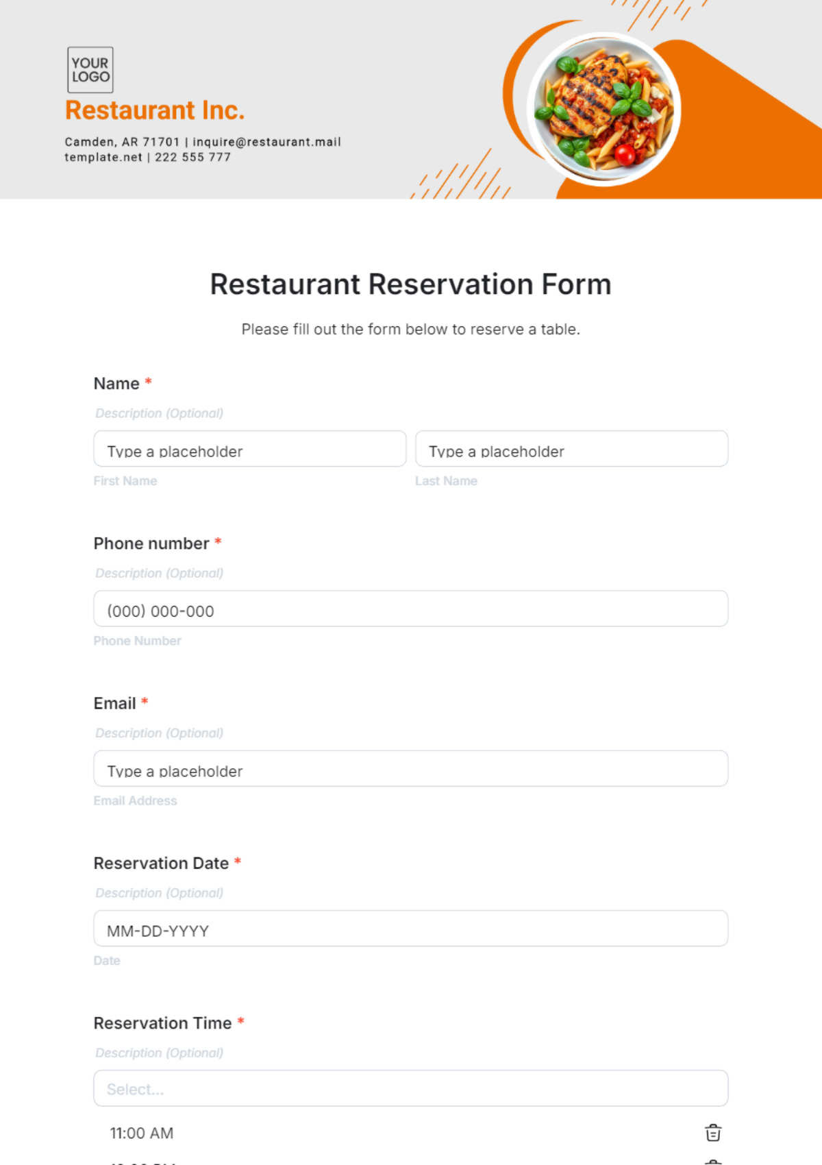 Restaurant Reservation Form Template - Edit Online & Download