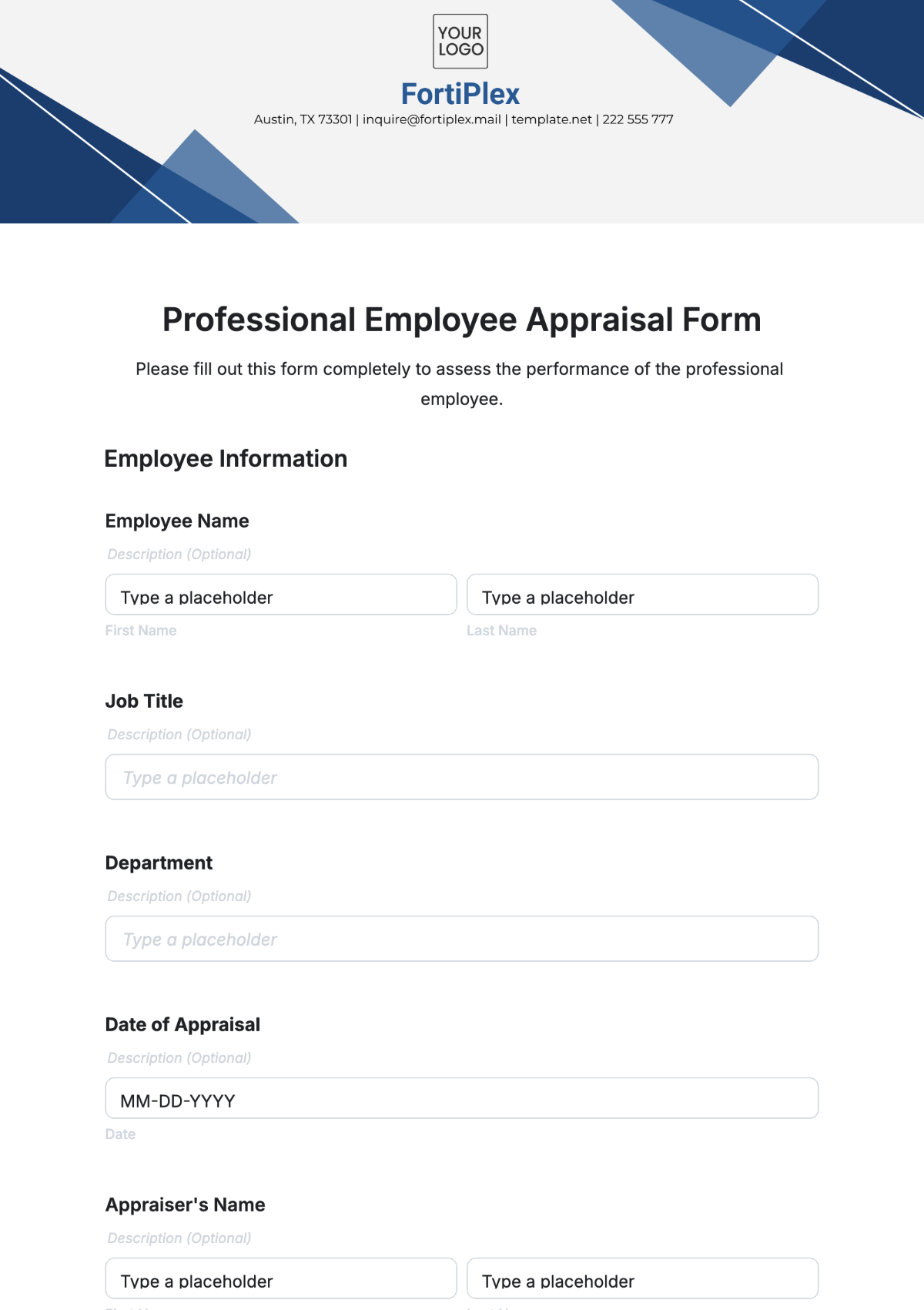 Professional Employee Appraisal Form Template - Edit Online & Download