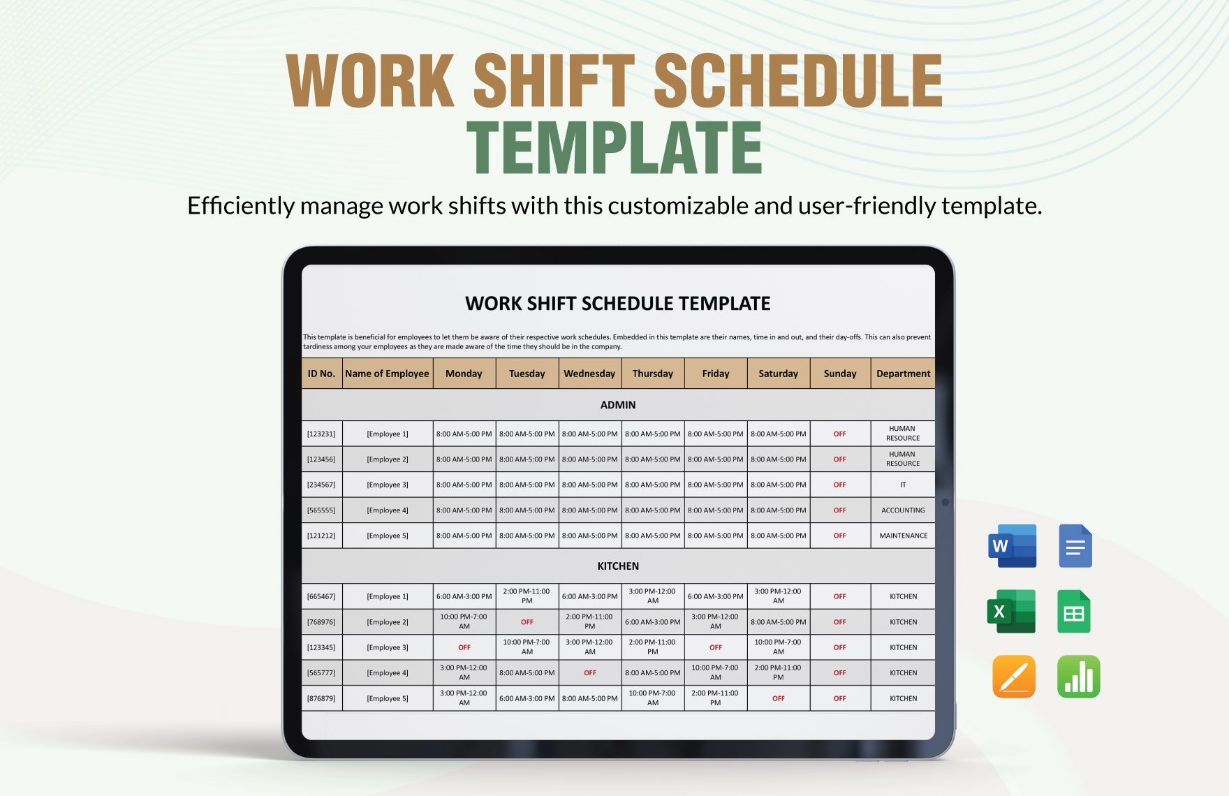 Work Shift Schedule Template in Word, Google Docs, Excel, Google Sheets, Apple Pages, Apple Numbers