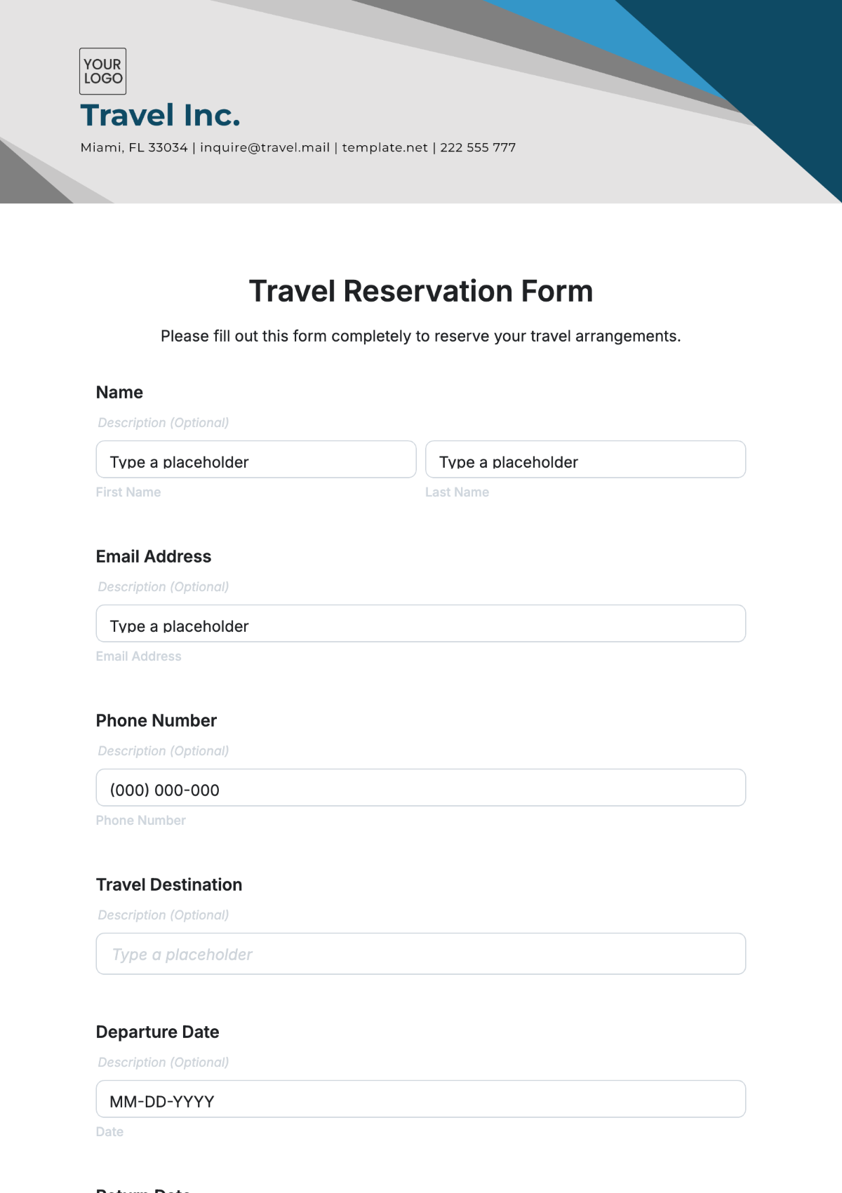 Travel Reservation Form Template - Edit Online & Download