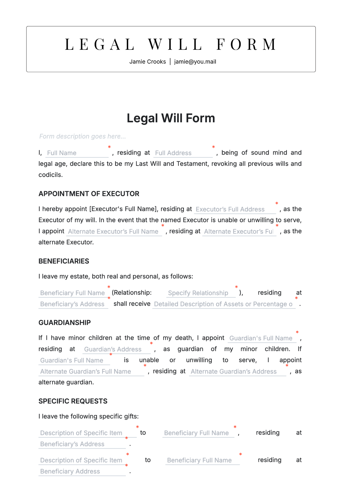 Legal Will Form Template - Edit Online & Download