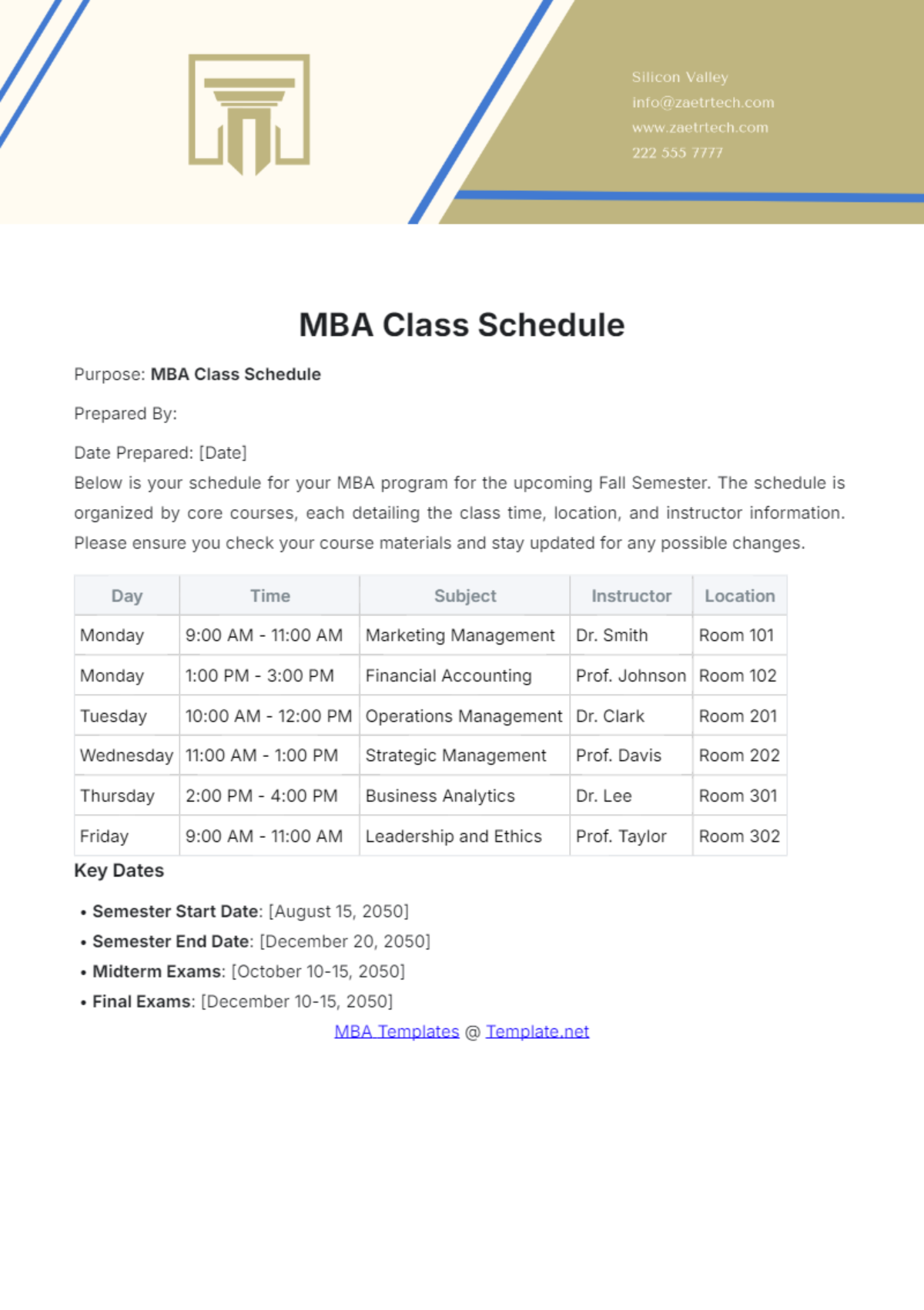 MBA Class Schedule Template - Edit Online & Download