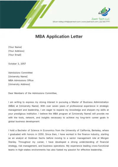 Free MBA Application Letter Template to Edit Online