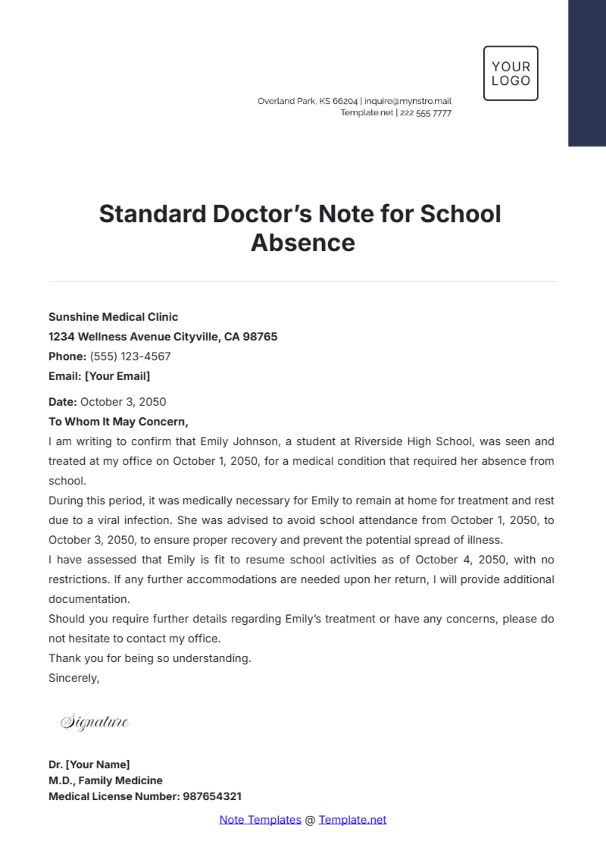 Standard Doctor’s Note for School Absence Template - Edit Online & Download