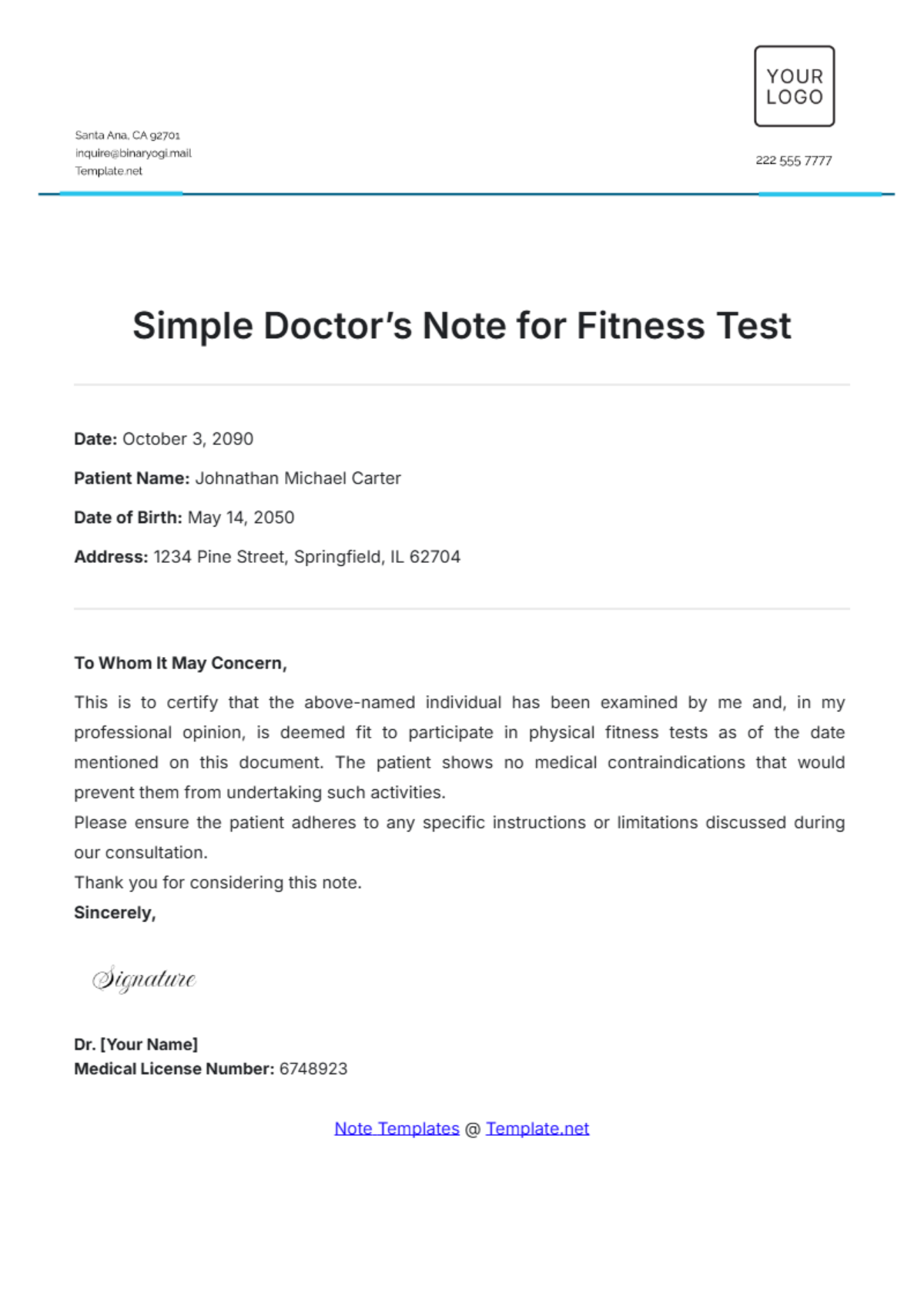 Simple Doctor’s Note for Fitness Test Template - Edit Online & Download