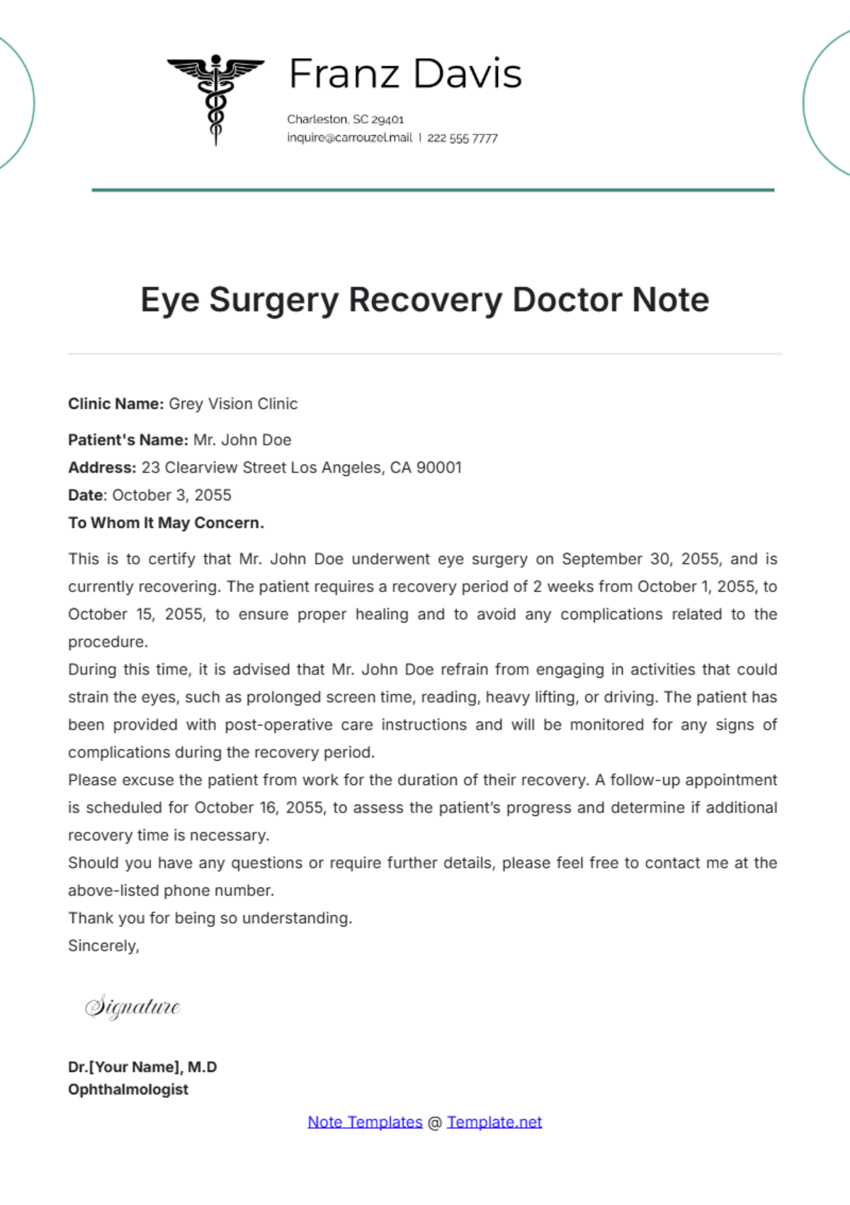 Eye Surgery Recovery Doctor Note Template - Edit Online & Download