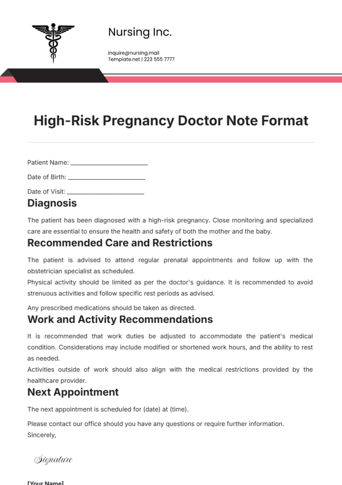 High-Risk Pregnancy Doctor Note Format Template - Edit Online & Download