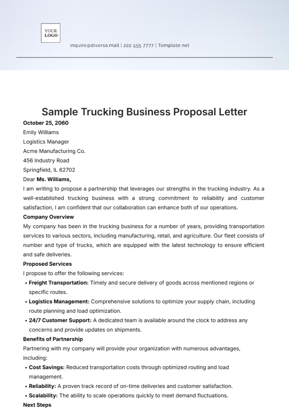 Free Sample Trucking Business Proposal Letter Template - Edit Online ...