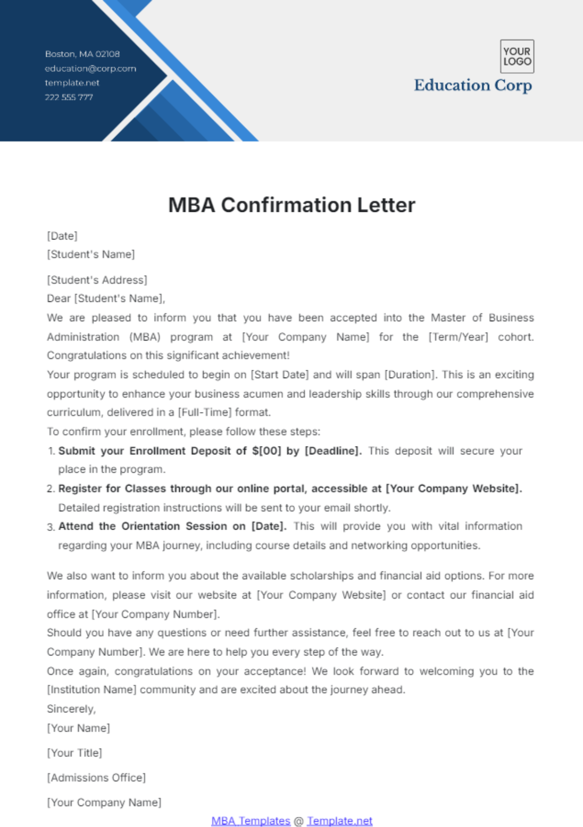 MBA Confirmation Letter Template