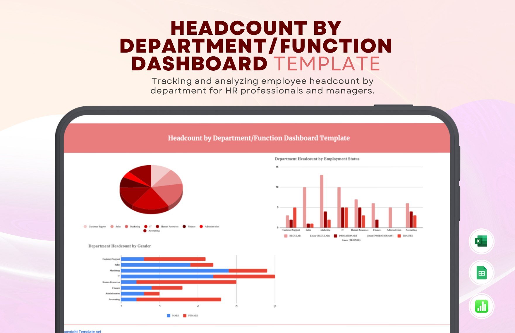 Headcount by Department/Function Dashboard Template in Excel, Google Sheets, Apple Numbers
