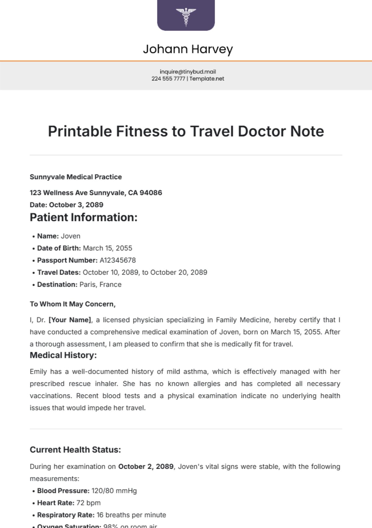 Printable Fitness to Travel Doctor Note Template - Edit Online & Download