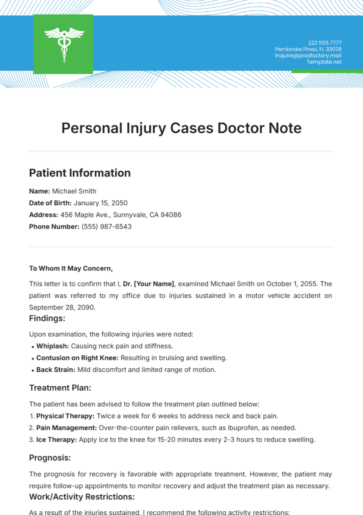 Personal Injury Cases Doctor Note Template - Edit Online & Download