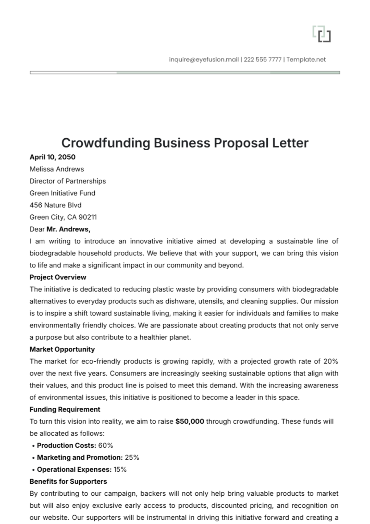 Crowdfunding Business Proposal Letter Template - Edit Online & Download