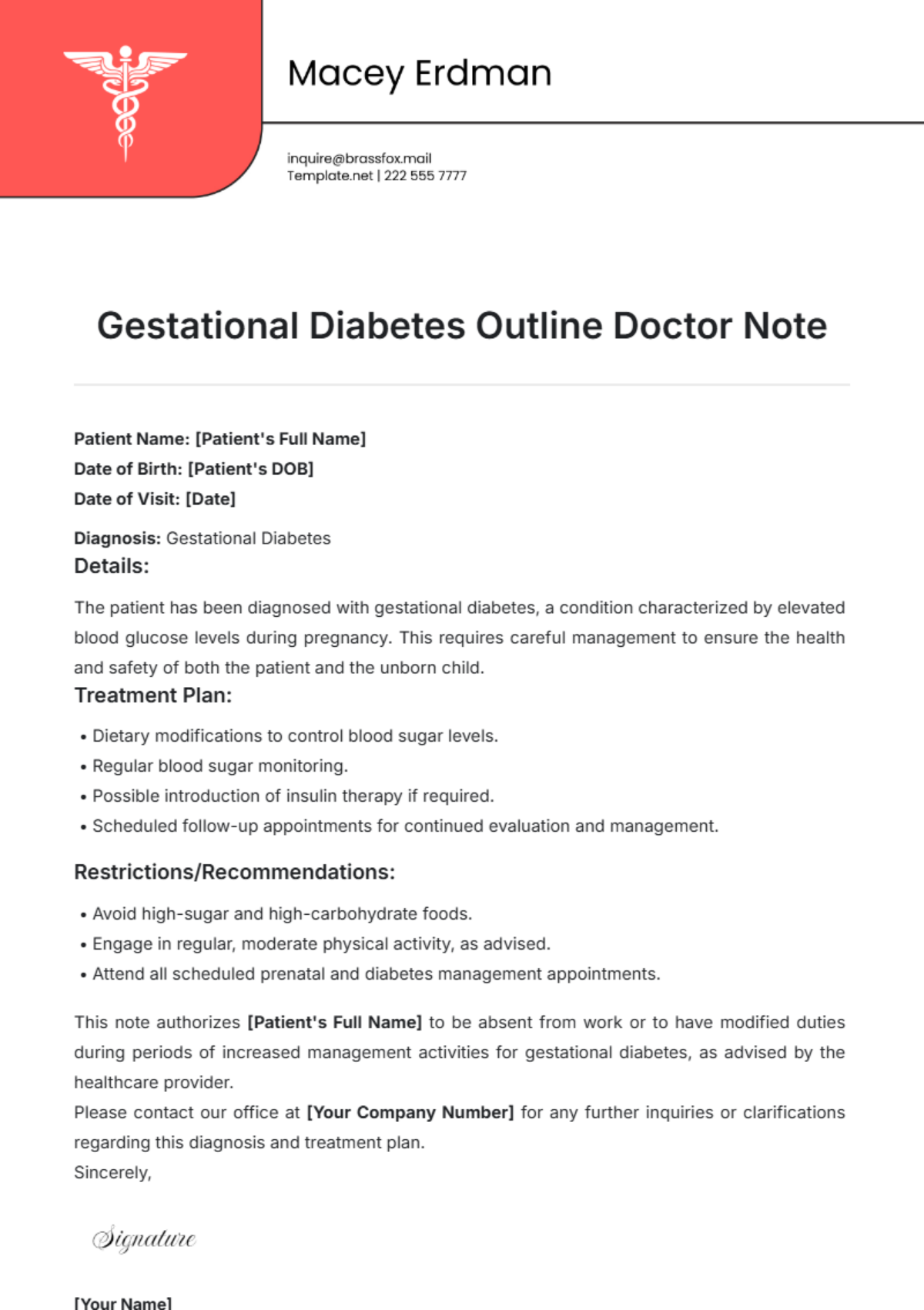 Gestational Diabetes Outline  Doctor Note Template - Edit Online & Download