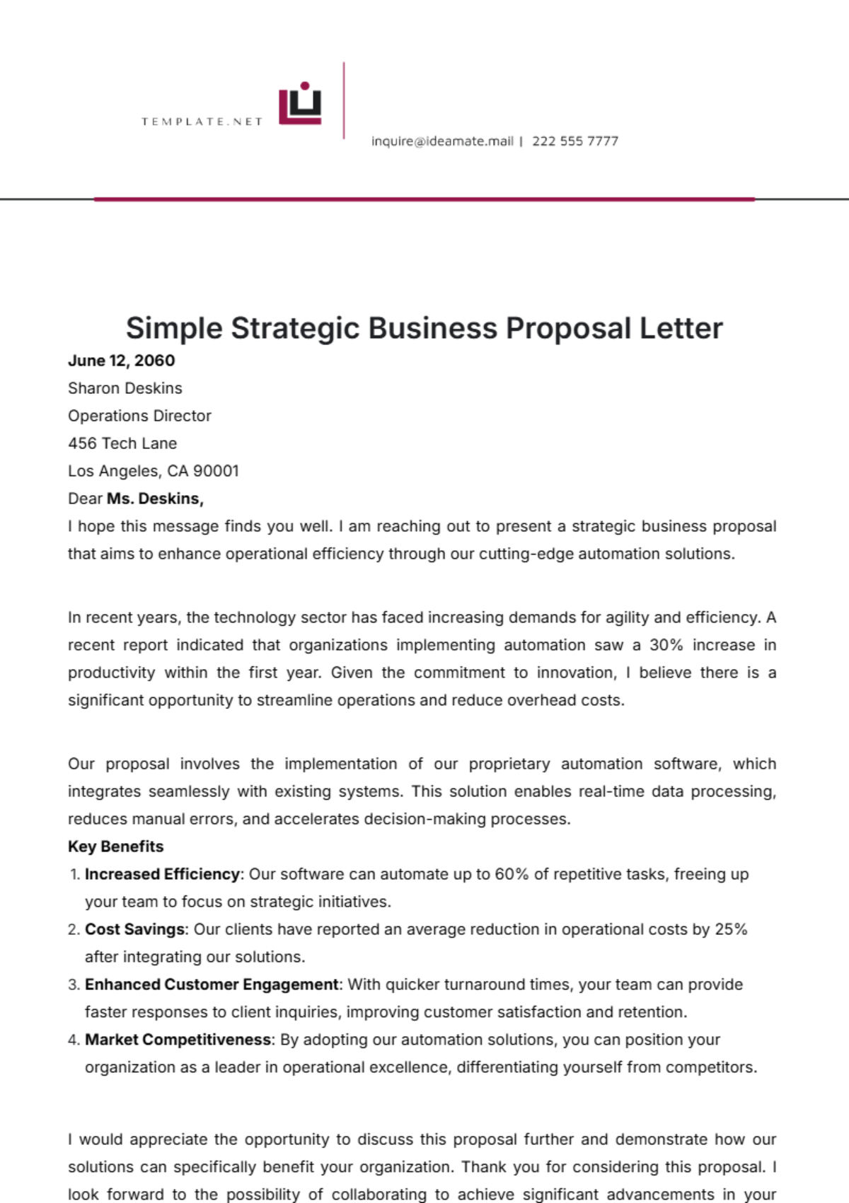 Simple Strategic Business Proposal Letter Template - Edit Online & Download