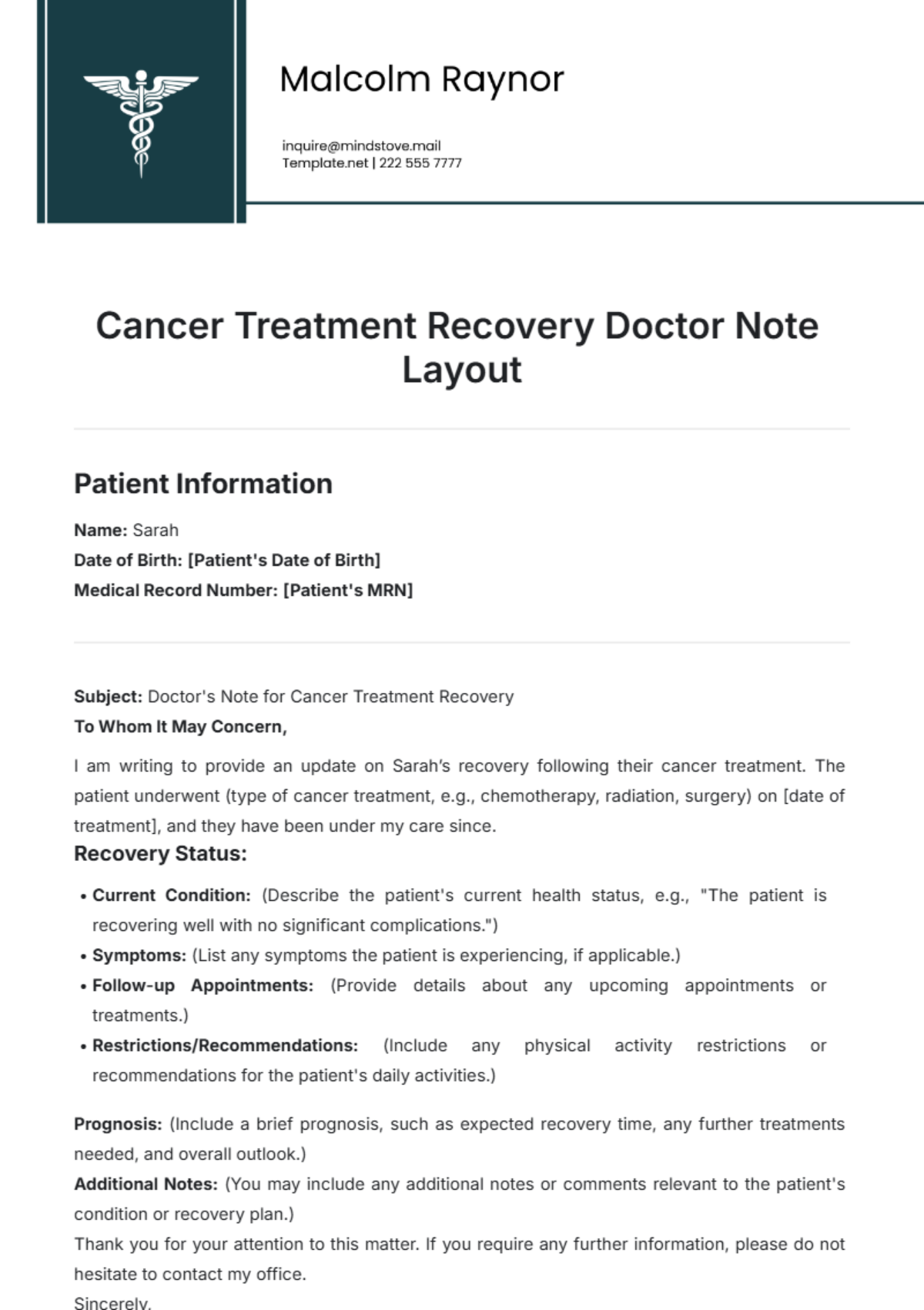 Cancer Treatment Recovery Doctor Note Layout Template - Edit Online & Download