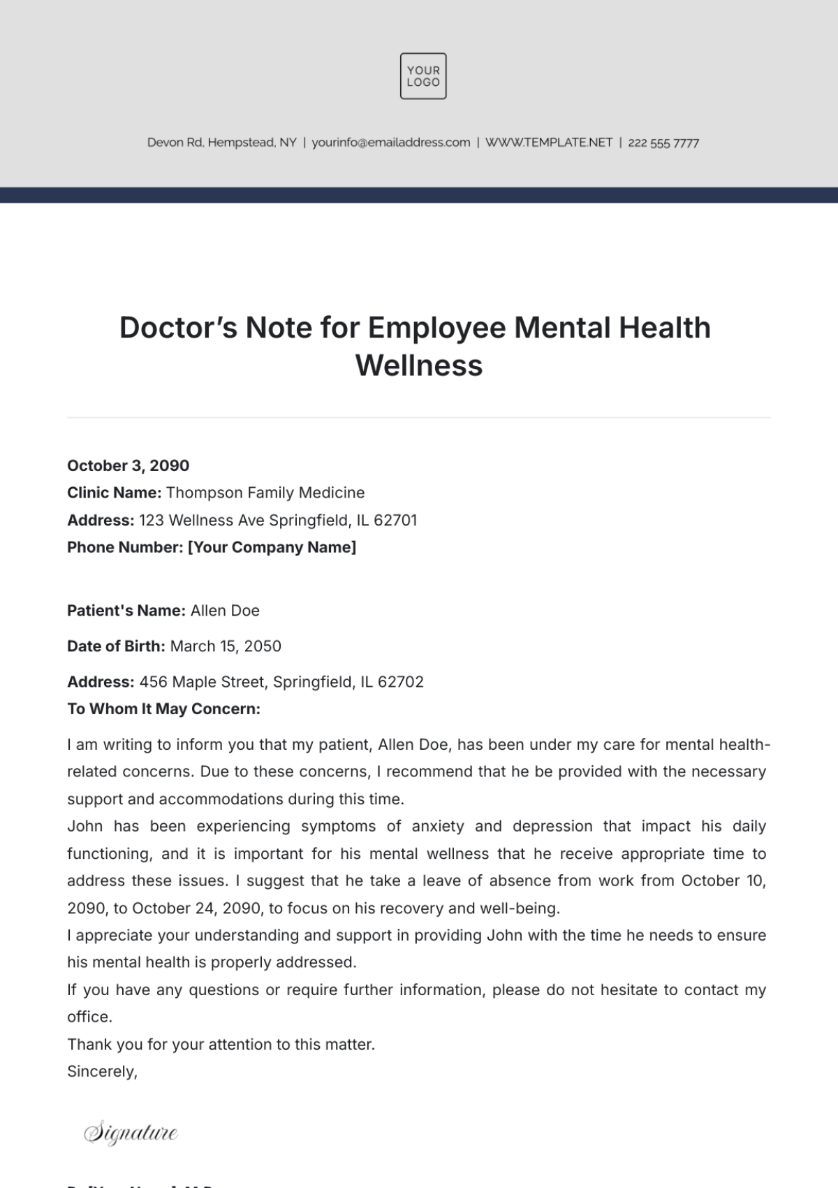 Free Doctor%E2%80%99s Note for Employee Mental Health Wellness Template ...