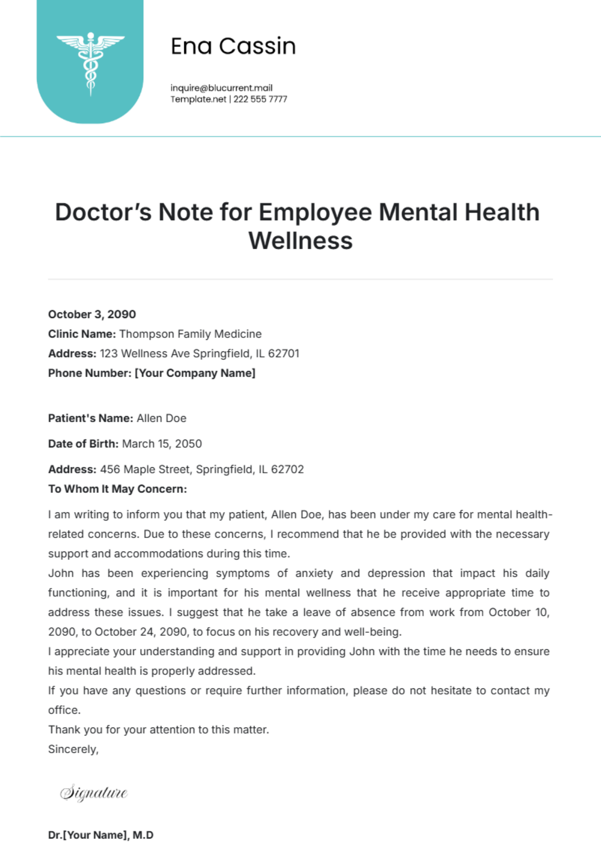 Doctor’s Note for Employee Mental Health Wellness Template - Edit Online & Download